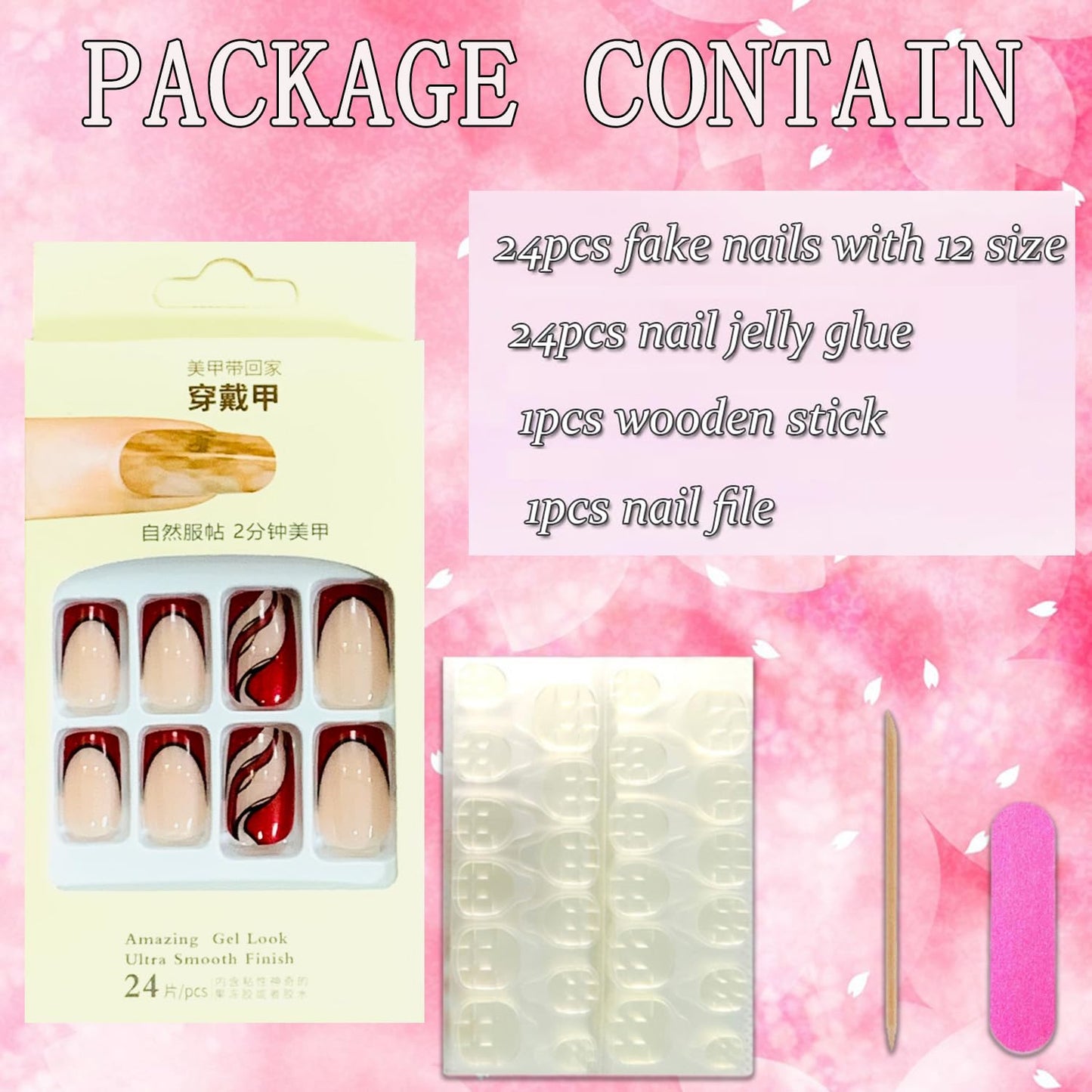 Vezocim Red Press on Nails Square Shapes 24Pcs French Tips Glossy Full Cover Medium Acrylic Square False Nails with Line Designs Artificial Coffin Fake Nails Glue Stick ons Fingernails for Women