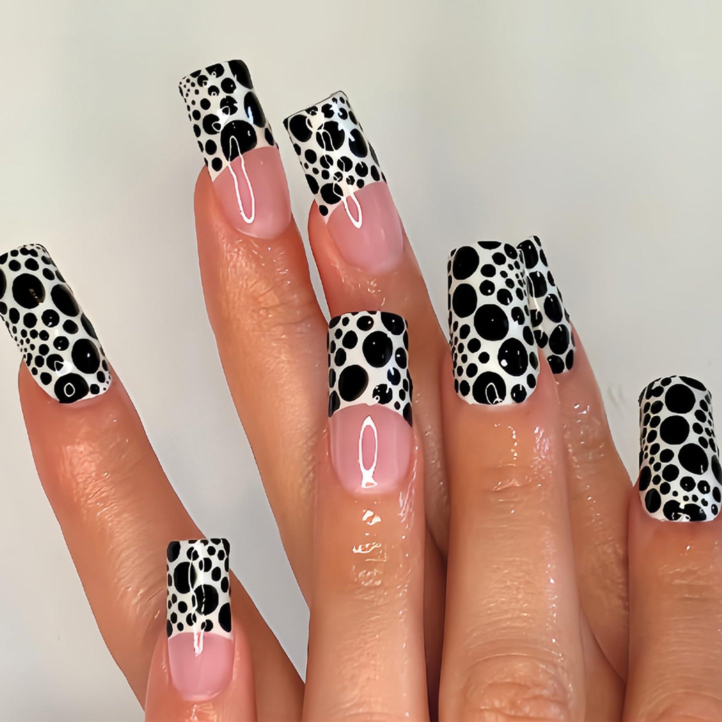 IMRAIN Press on Nails Long Square Fake Nails Glossy French Tips False Nails with Black Polka Dot Design Full Cover Glue on Nails for Women