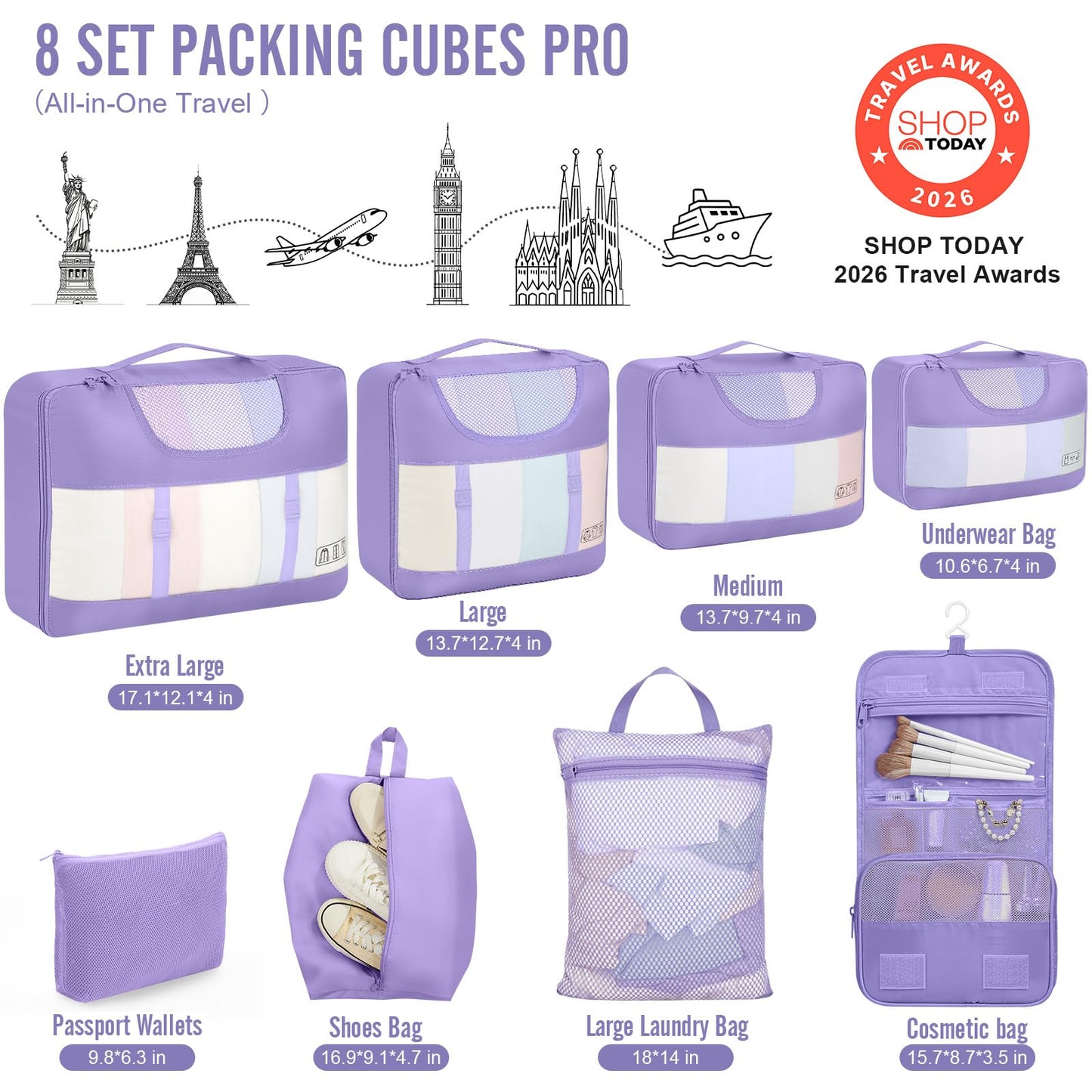 Veken 8 Set Packing Cubes for Travel Essentials, Suitcase Organizer Bags in 4 Sizes, Carry-On Luggage Accessories with Large Laundry & Hanging Toiletry Bag, Must-Have for Airplane, Road Trip & Camping
