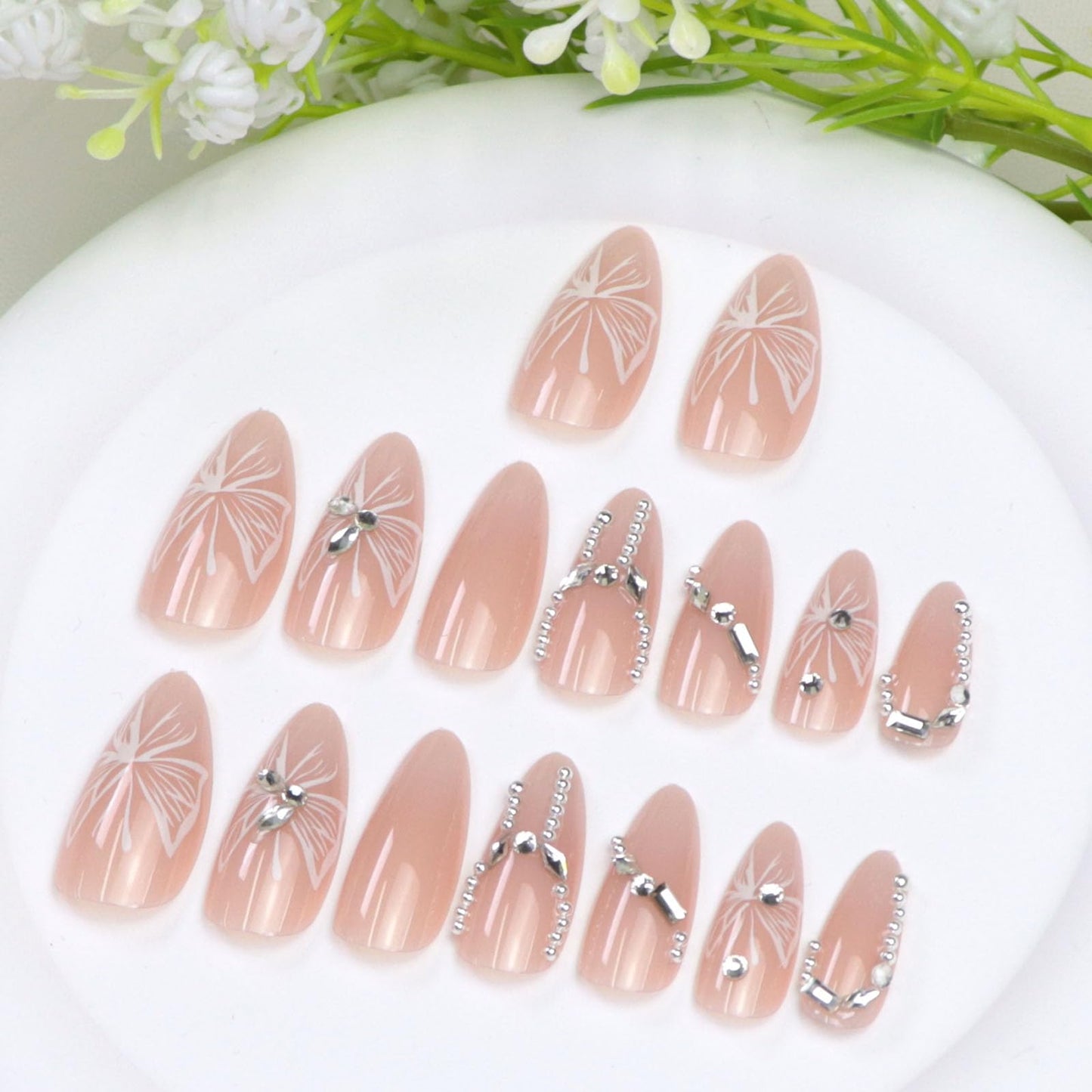 Almond Press on Nails Medium Fake Nails with Pearls Rhinestones Butterfly Designs Glossy Glue on Nails Press ons Pink Full Cover Artificial Stick on Nails for Women 24Pcs