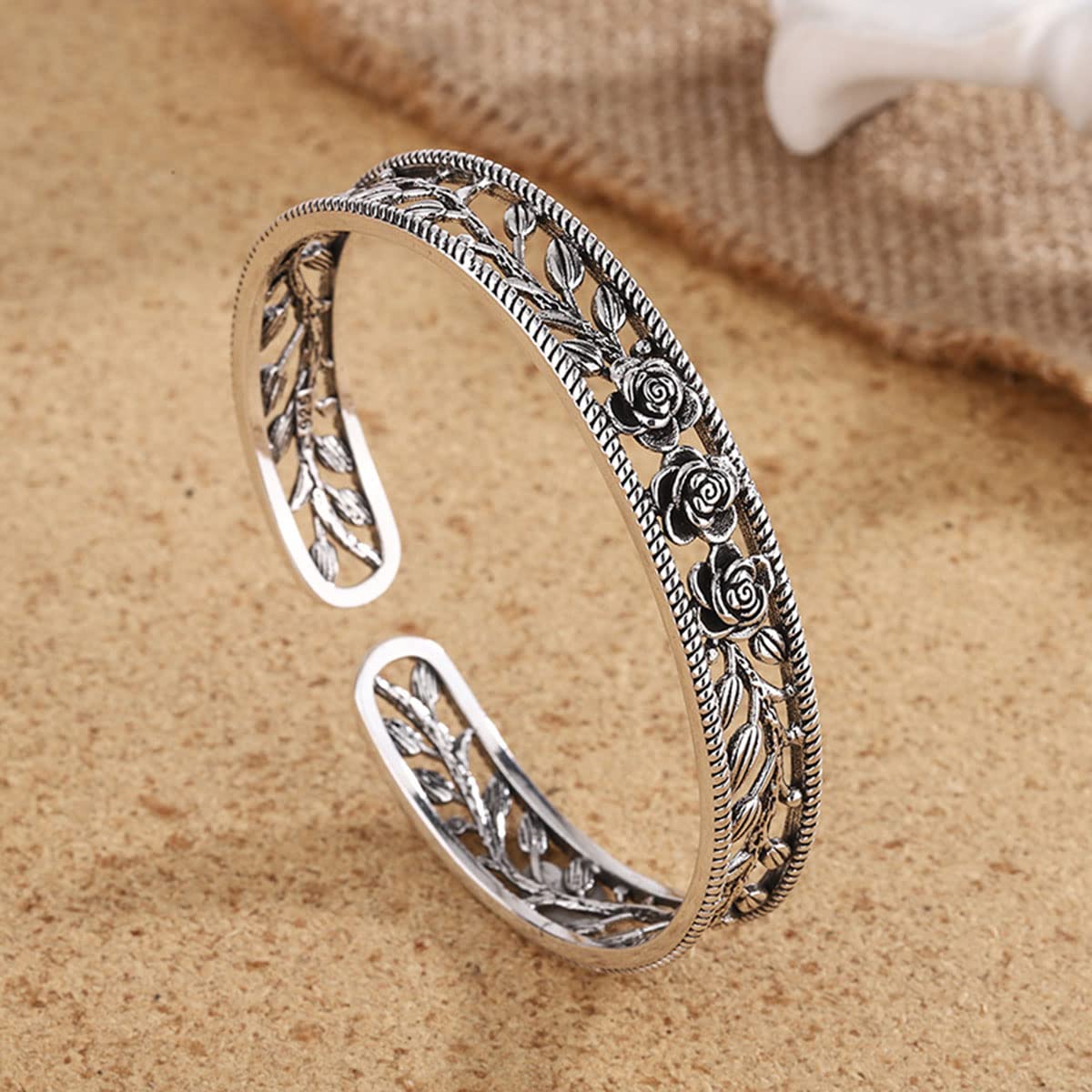 FUTIMELY Silver Leaf Vintage Adjustable Feather Bracelet Trendy Hollow Rose Flower Leaves Cuff Bangle Wedding Bangle for Women Men