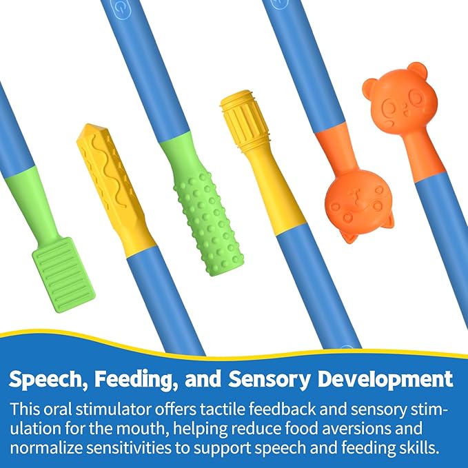 Oral Sensory Stimulation Kit with 6 Soft Textured Heads for Speech Therapy & Feeding Support, Muscle Strength & Phonation Improvement - Blue