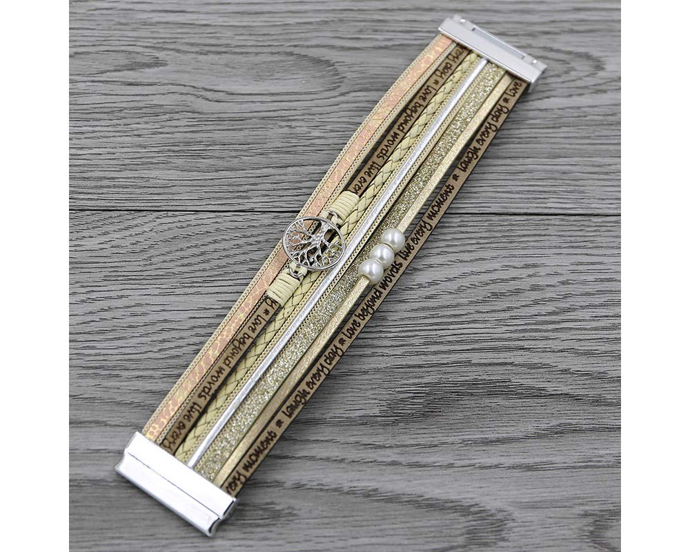 Fesciory Leopard Bracelet for Women, Boho Leather Wrap Multi-Layer Pearl Crystal Bracelet Bangle Jewelry(Tree of Life(Beige))