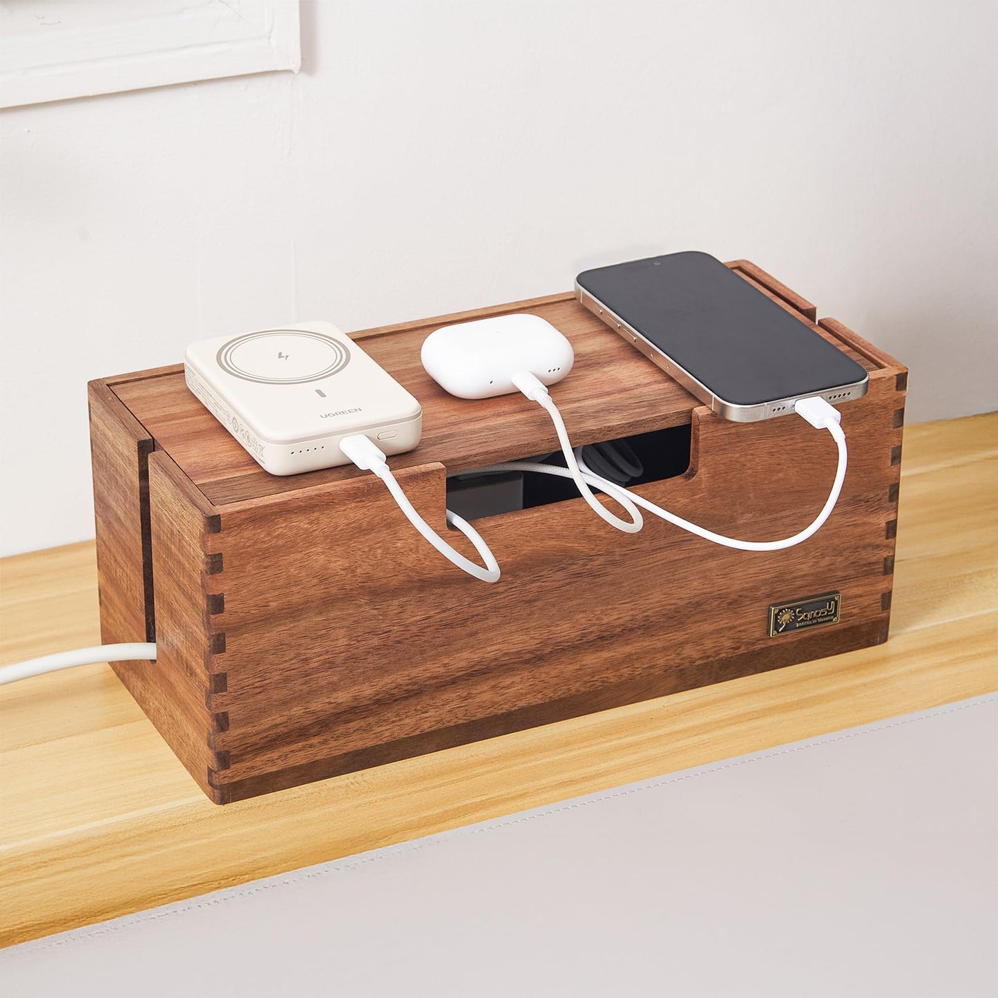 SANOSY Cable Management Box, Acacia Wood Cord Hider Organizer for Power Strips, TV, Desk & Floor Wires, Under Desk Cable Storage Box for Office & Home