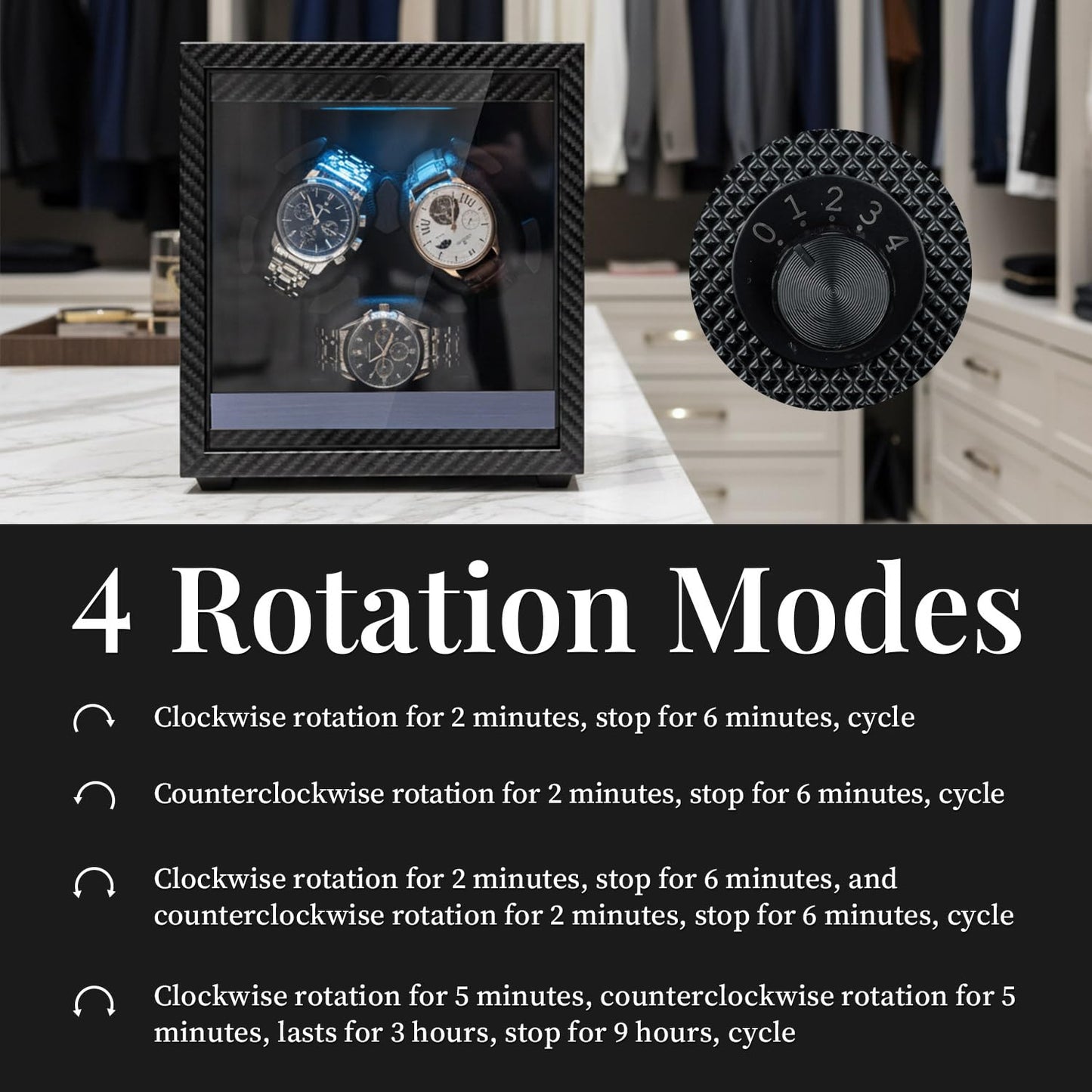 Mcbazel Watch Winder for Automatic Watches, 4 Rotation Modes Watch Winder Box with Super Quiet Motor, Blue LED Light, Memory Foam Pillows, Gift for Men & Women [Black]