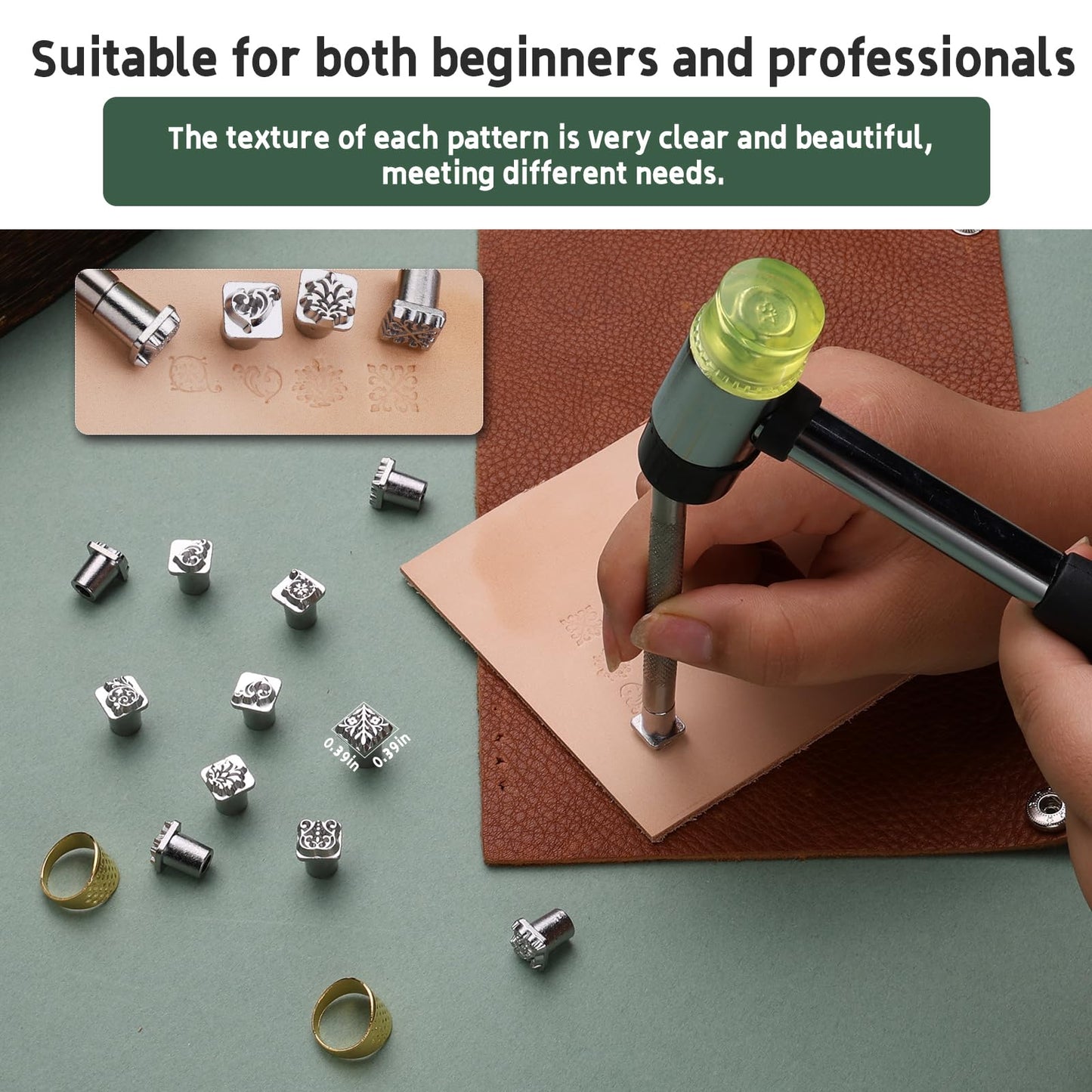 Leather Craft Stamping Tools, Leather Stamping Kit with 12 Tangcao Patterns Stamp and Punch Tools and 25mm Hammer and 3 thimbles for Craft Stamps