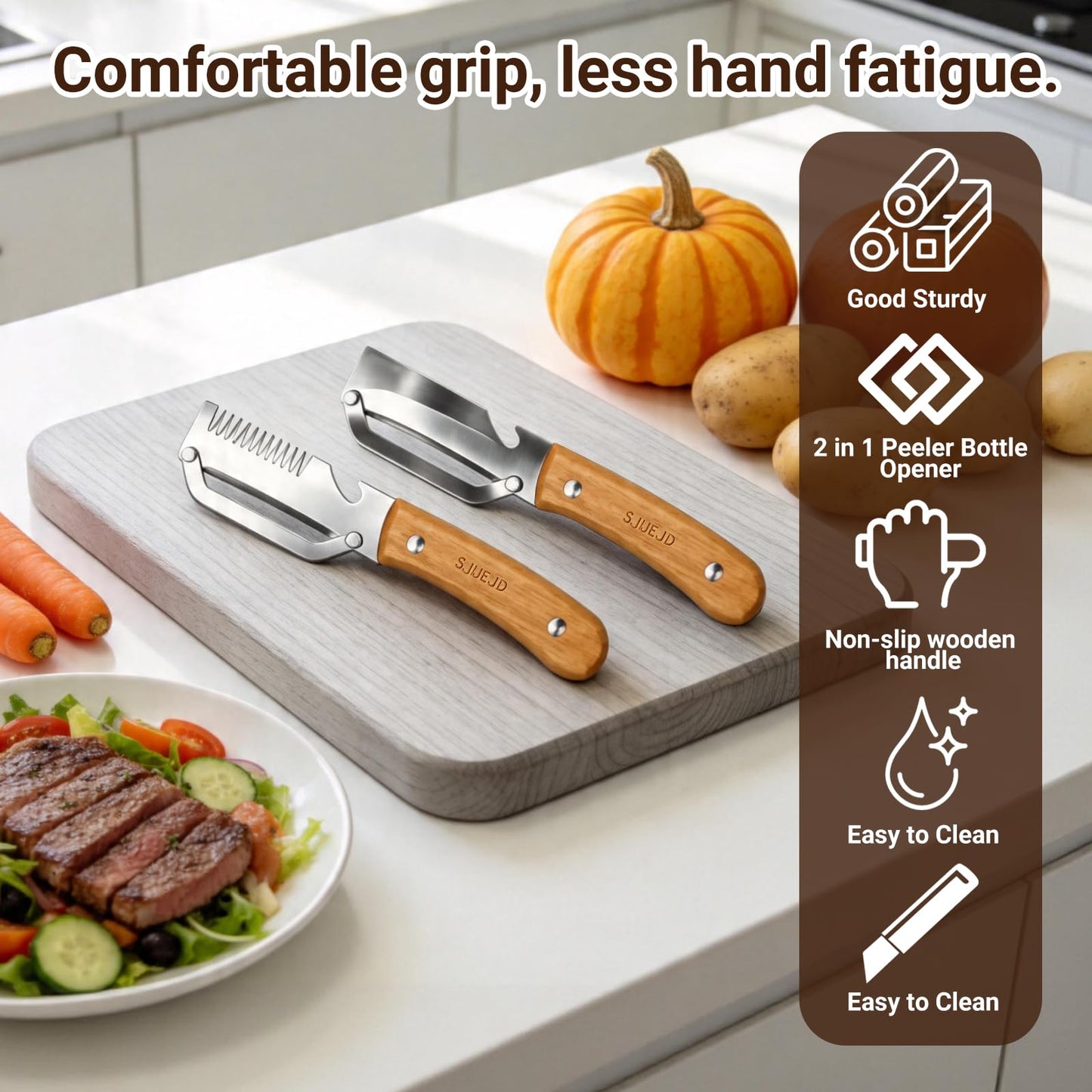 Multifunctional Vegetable Peeler for Kitchen Tool Wooden Smooth Handle and Bottle Opener, Made of Stainless Steel 2 in 1 Potato Garlic Cucumber Orange Pumpkin Fruit (Sliced Style(2PCS))