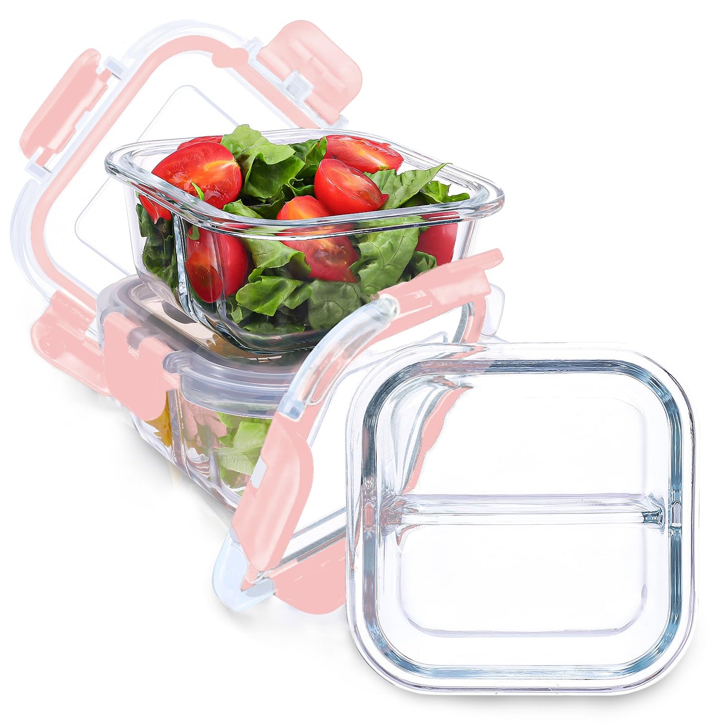 Nafhone Bariatric Meal Prep Containers, 8 oz Bariatric Portion Control Food Storage Containers with Two 4 oz Compartments (3 Pack), Reusable Glass Snack Containers with BPA Free Airtight Lids (Pink)