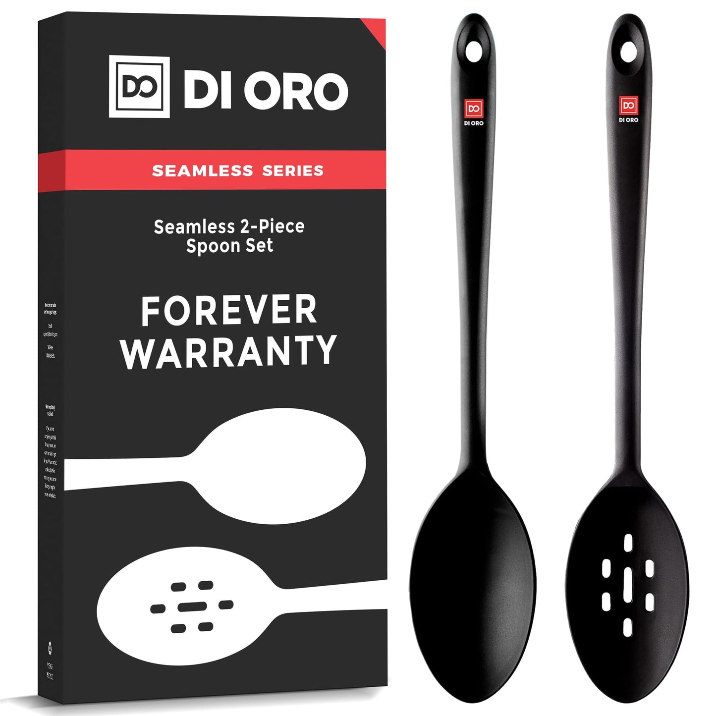 DI ORO Silicone Spoons for Cooking - Large Kitchen Spoons for Mixing, Serving, & Stirring - 600°F Heat-Resistant Non Stick Utensils – Big Solid & Slotted - Dishwasher Safe (2pc, Black)