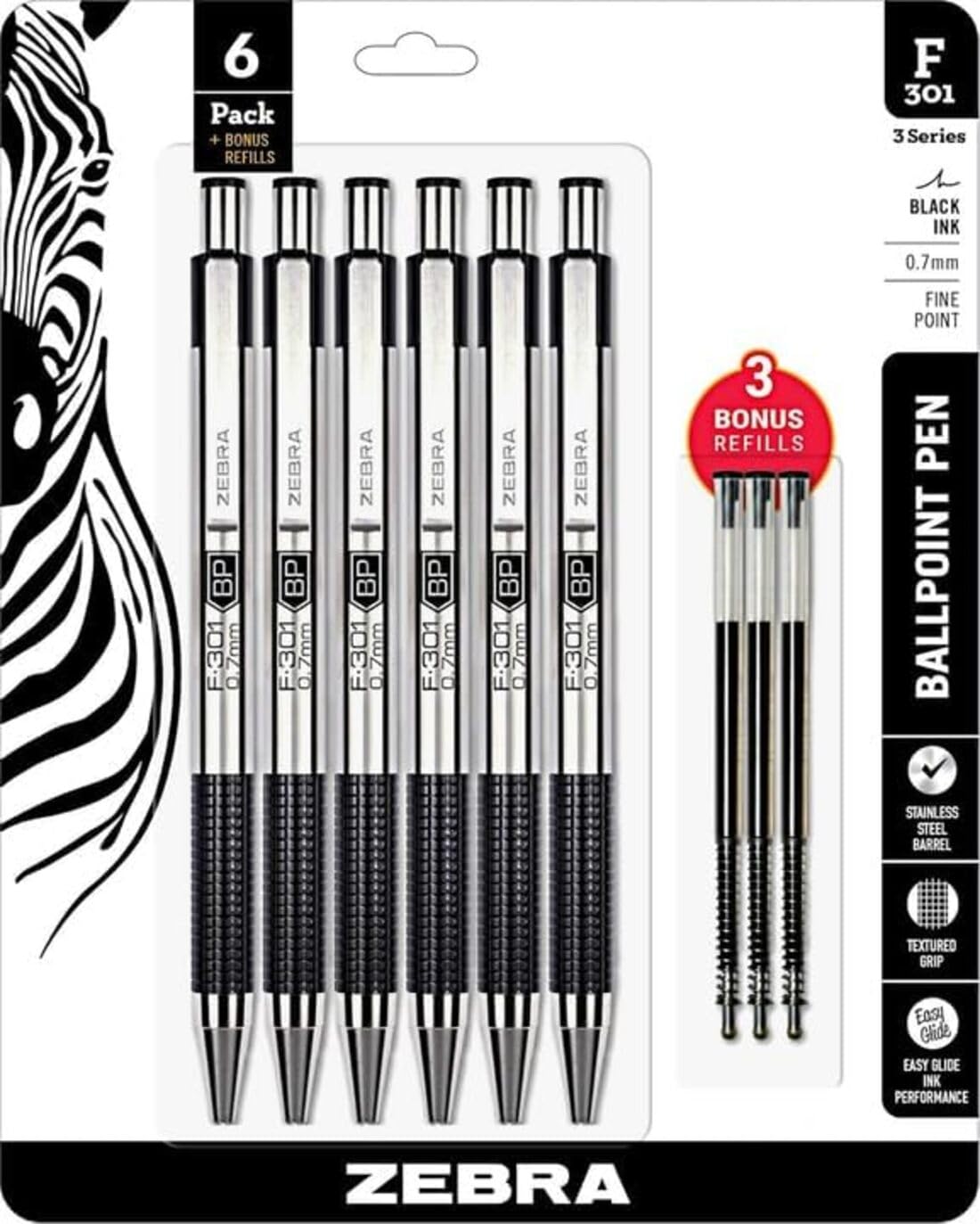 Zebra F-301 Retractable Ballpoint Pen with Stainless Steel Barrel 0.7mm Fine Point - Pack of 6 +3 Refills