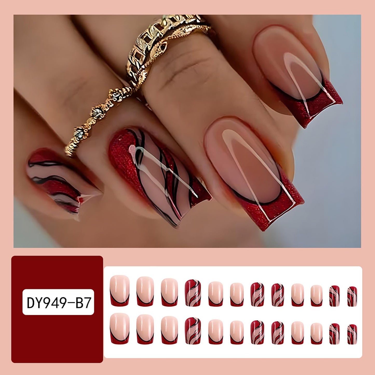 Vezocim Red Press on Nails Square Shapes 24Pcs French Tips Glossy Full Cover Medium Acrylic Square False Nails with Line Designs Artificial Coffin Fake Nails Glue Stick ons Fingernails for Women