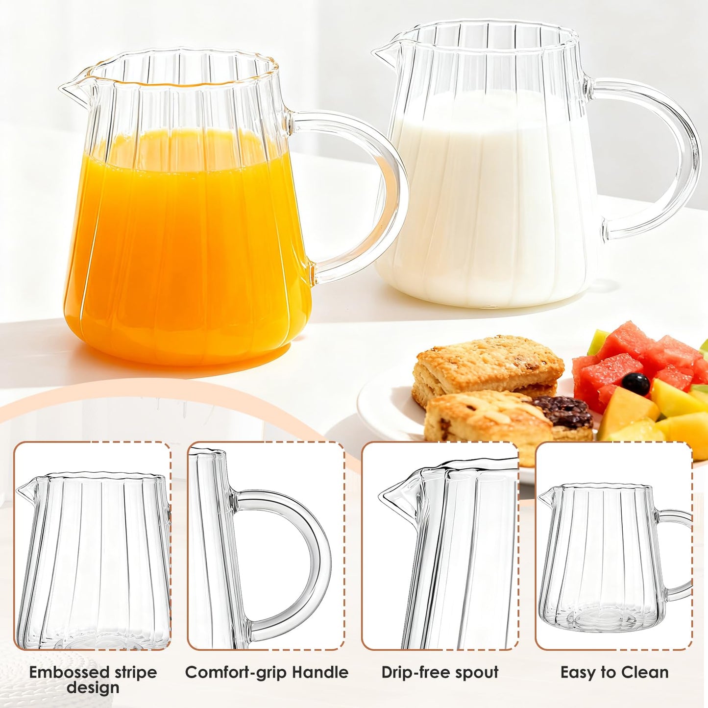 Enjamyo 2 Pcs Small Glass Creamer Pitcher With Box, 250ml Creamer Pitcher with Handle, Elegant Wave Shaped Small Glass Pitchers, Milk Frothing Pitchers, Serving Jug for Kitchen,Coffee Bar,Home