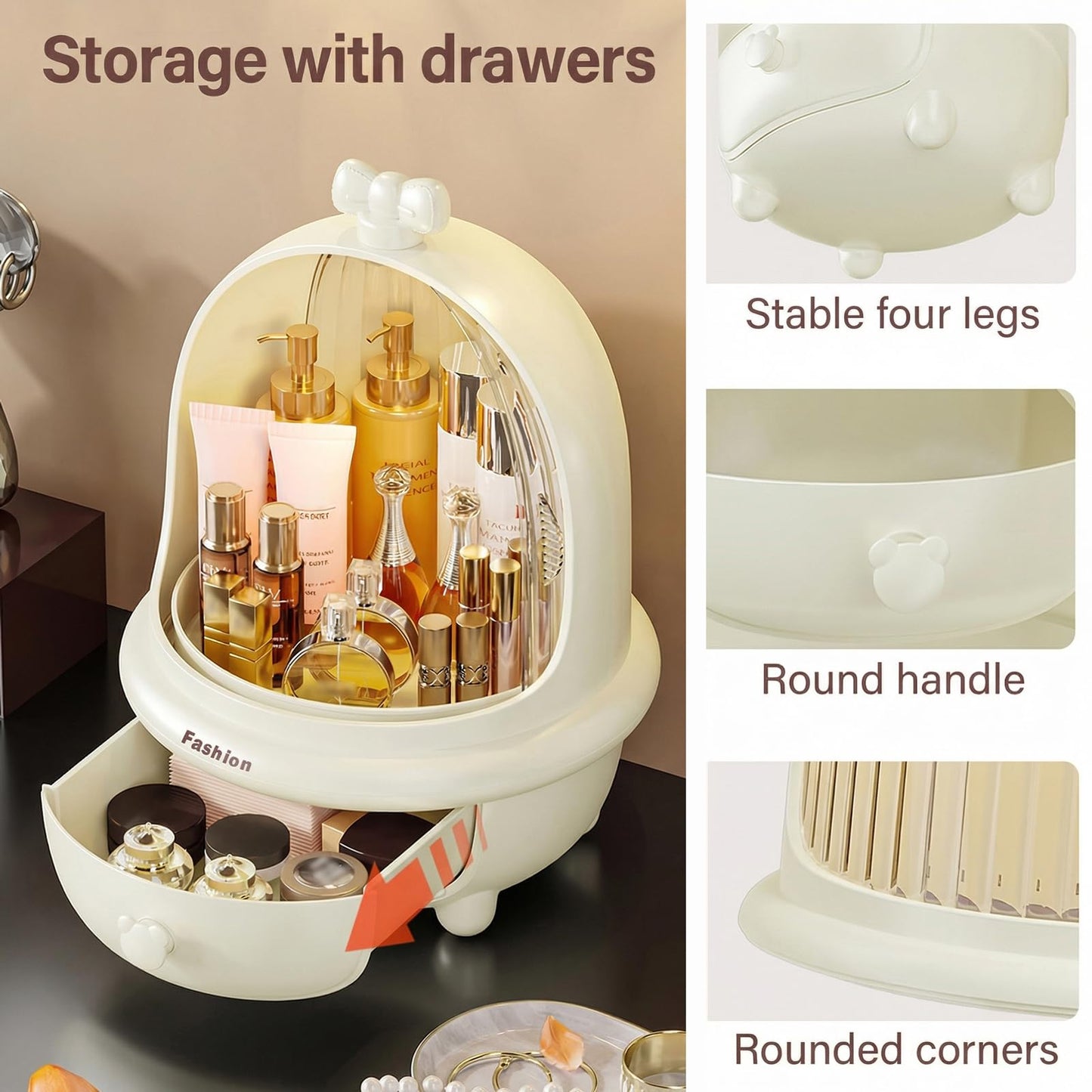 TIMBERHIDE 360° Rotating Cosmetic Storage Box,Cute Fashion Makeup Organizer with Drawer,Dustproof Skincare Display Case for Vanity Countertop Bathroom,Ideal Gift for Women（Cream）
