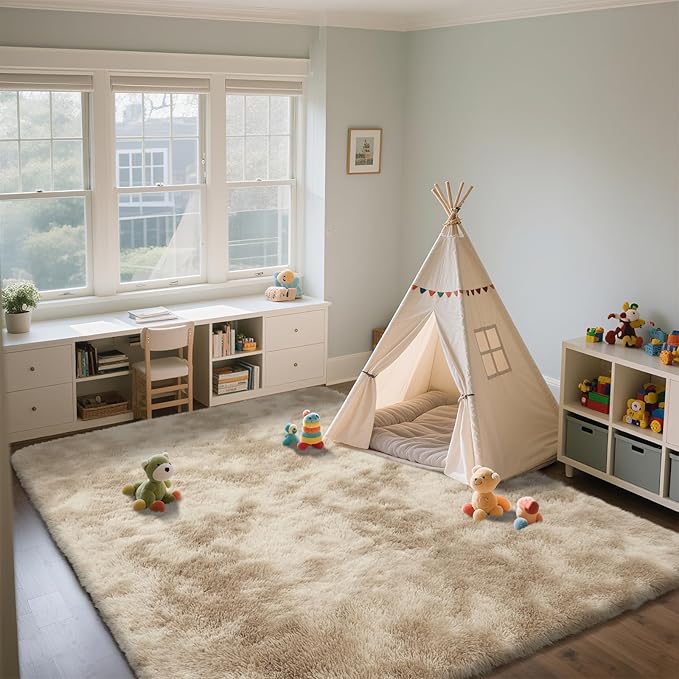 Shag Area Rugs for Bedroom Living Room,5X8 Ultra Soft Fluffy Area Rugs for Dorm, Indoor Carpet Nursery Rugs for Kids Room Home Decor,Camel