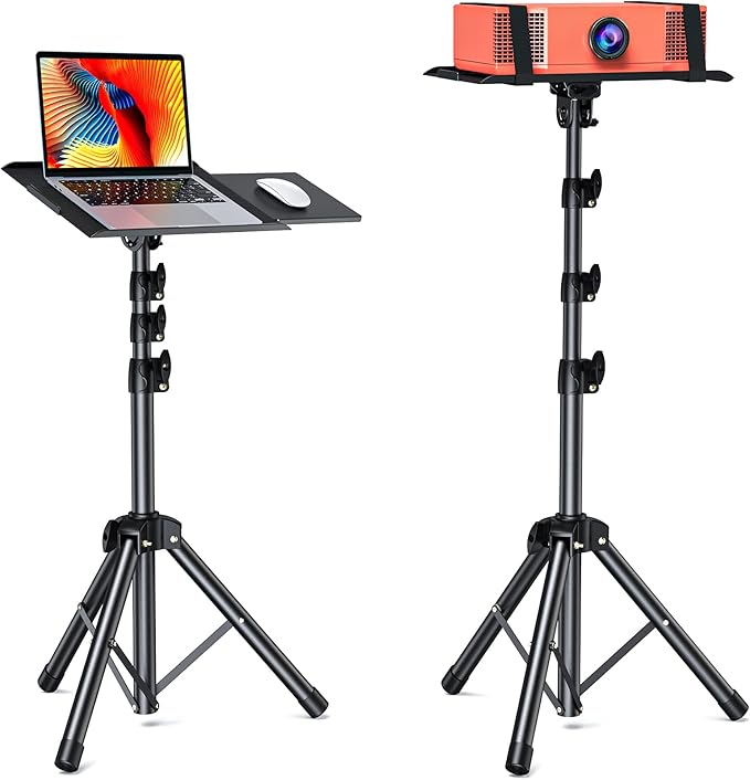 AMADA HOMEFURNISHING Foldable Projector Tripod, Multipurpose Laptop Stand with Removable Mouse Tray, Adjustable Height 25-63 Inch, Outdoor Movie Projector Stand, AMPS03