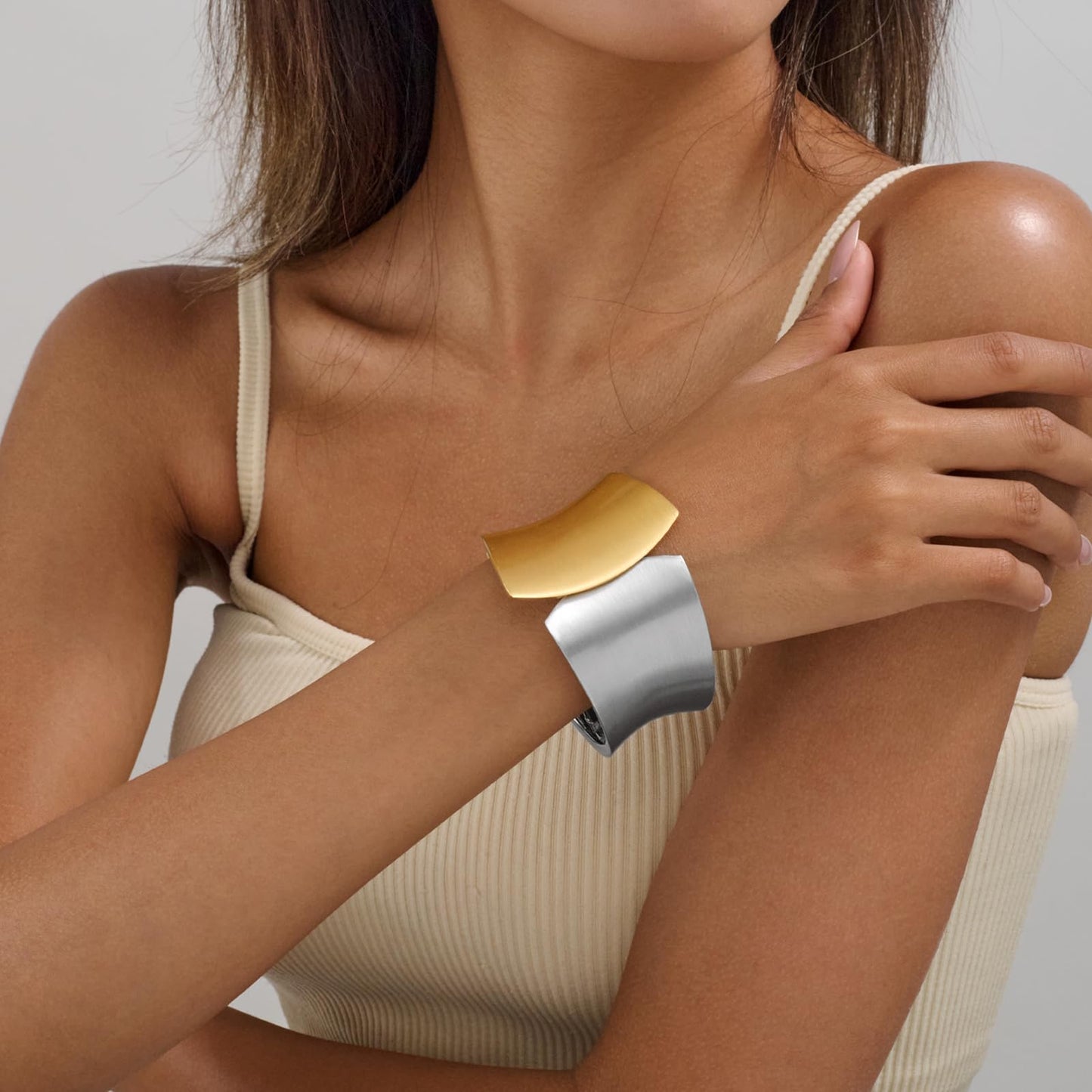 SHANTYSON Two Tone Matte Bracelet for women Chunky Brushed Mix Metal Bangle Bracelet Vintage Thick Wide Cuff Bracelet Open Cuff Geometric Bracelet (Style1-brushed-two tone -big)