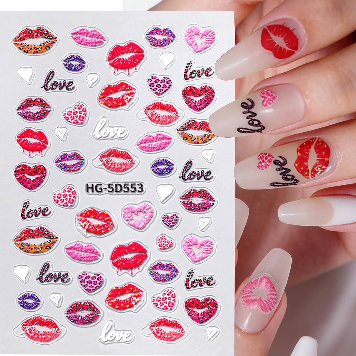 4 Sheets 5D Embossed Valentines Nail Art Stickers Red Heart Bow Nail Decals Self-Adhesive Romantic Love Red Lips Nail Design Stickers Cute Valentine's Nails Supply for Women DIY Manicure Decoration