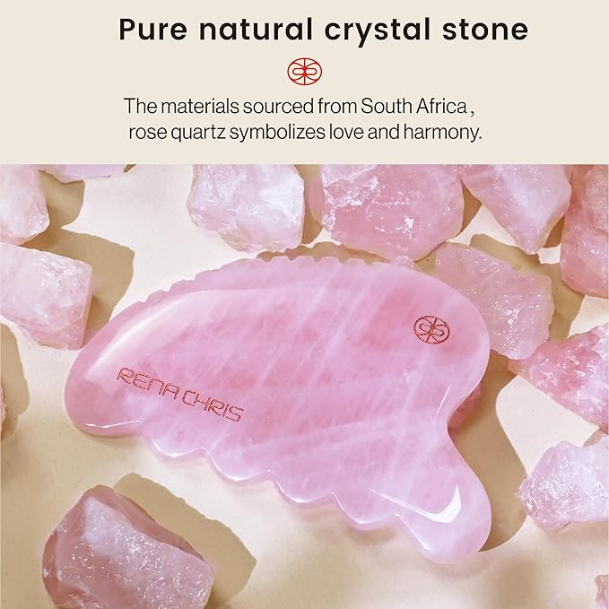 Rena Chris Gua Sha Facial Tool, Natural Rose Quartz Stone Body Gua sha with Exquisite Wooden Box, Large Guasha Suitable for Face Lifting, Puffiness Reducing and Whole-Body Massage, Skin Care Massager