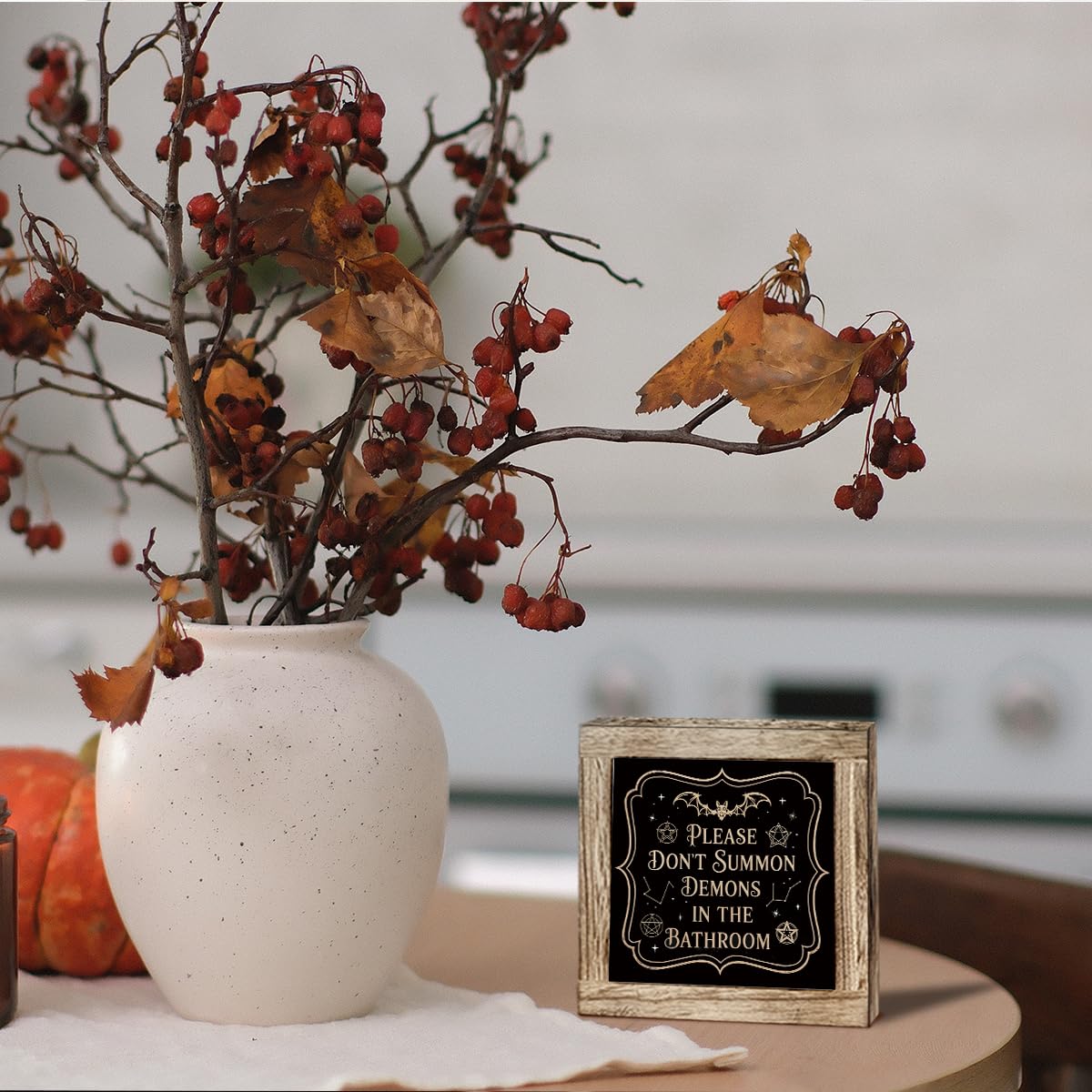 Halloween Gothic Bathroom Decor Please Don't Summon Demons In The Bathroom Wooden Sign Restroom Shelf Home Decoration 5.9x5.9 Inch