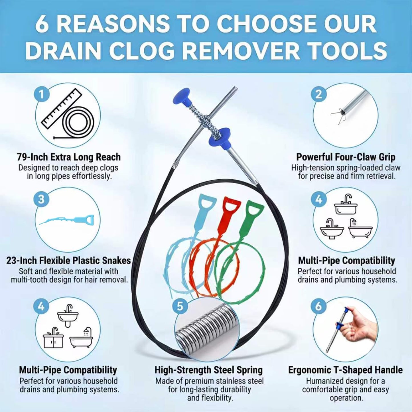 Drainage Snake, Drainage Cleaner, and Hair Removal Tool - Upgraded Version With Easier Pressing, Suitable for Toilet Unclogging, Sink, Shower, Flexible Drainage Snake - (23 inches, 79 inches)