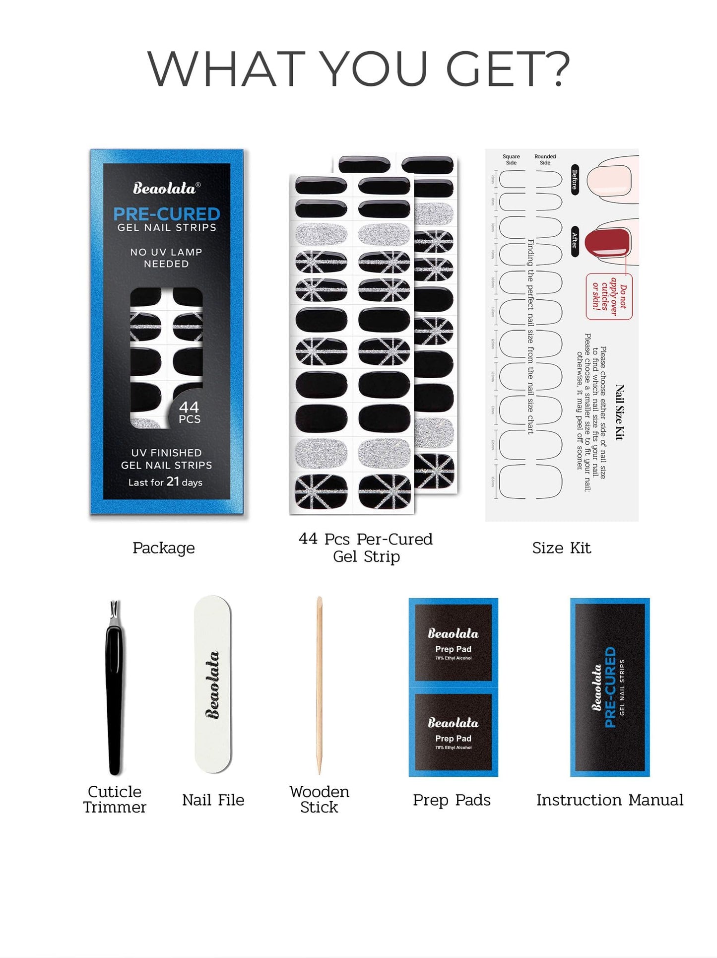 Beaolata Real Gel Nail Strips (No UV Light Needed) - 44Pcs Salon Quality Nail Stickers - Long Lasting Polish Wraps for Women, Easy Apply & Remove (Sultry Black