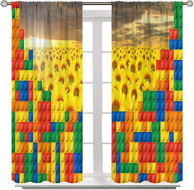 Colorful Building Blocks Sunflower Flower 3D Toy Printed Curtains, Building Blocks, Floral Sunflower Curtains, Interesting Brick 3D Design, Boys and Girls Room Curtain Panels, 2 Panels 42x54in