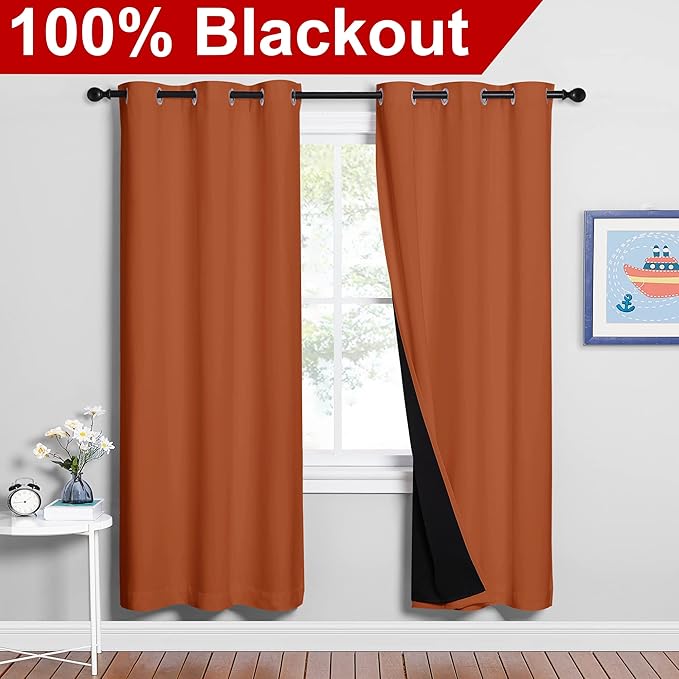 NICETOWN Full Shade Curtain Panels, 37" Wide x 70" Long, Burnt Orange, Pair of Thermal Insulated & Energy Efficiency Blackout Drapes for Living Room, Lined Silky Performance Window Dressing