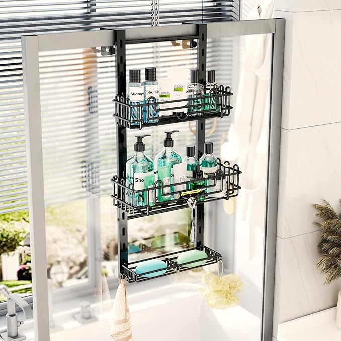 HapiRm 3 Tier Over the Door Shower Caddy, Hanging Shower Caddy with 16 Hooks and 2 Soap Holders, No Drilling Adjustable Hanging Bathroom Organizer - Black