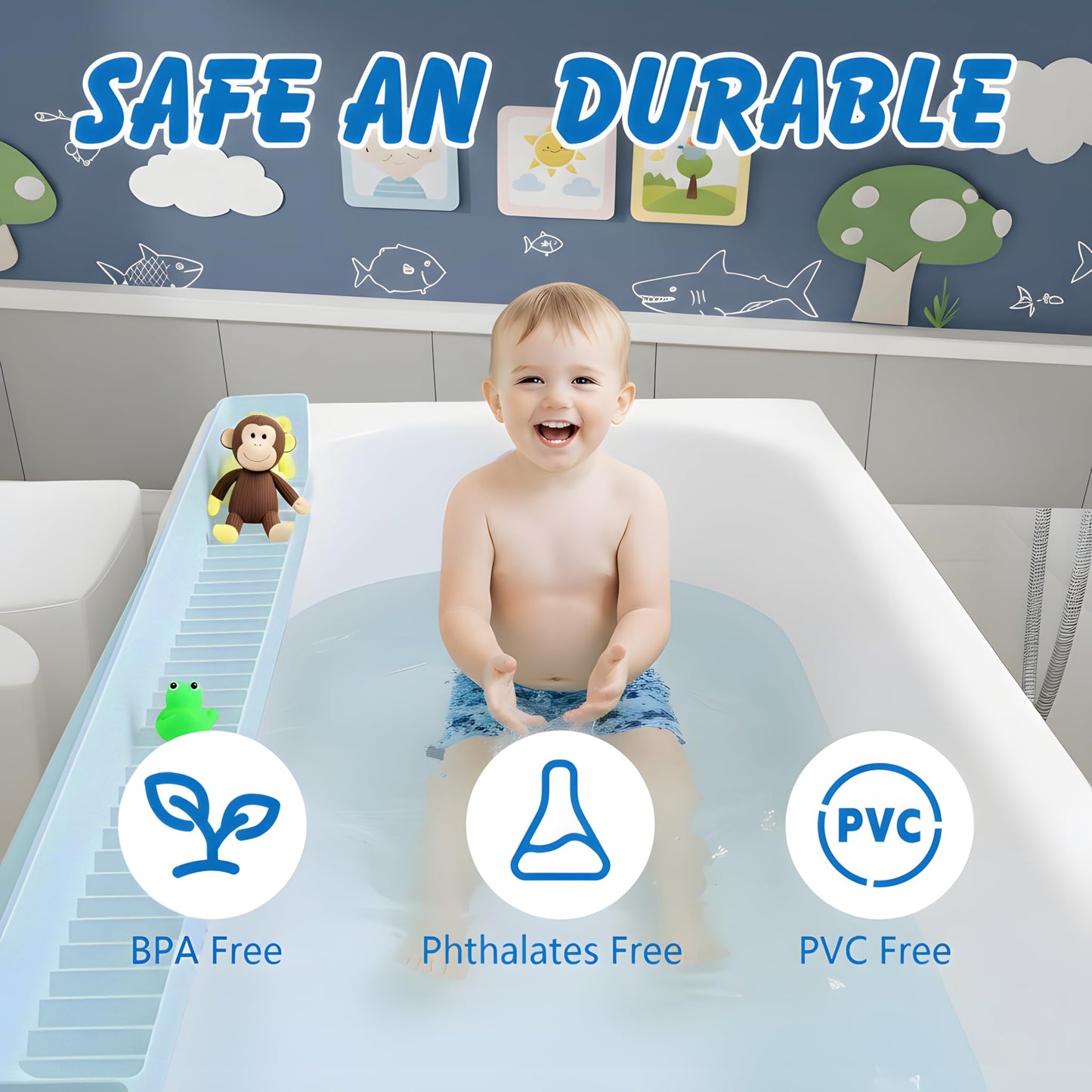 2.6 Feet Extra Wide Splash Barrier, Bathtub Splash Guard with 11 Suction Cups, Flexible Silicone Bathtub Splash Guard, Comes with a Toy Storage Bag (Blue)