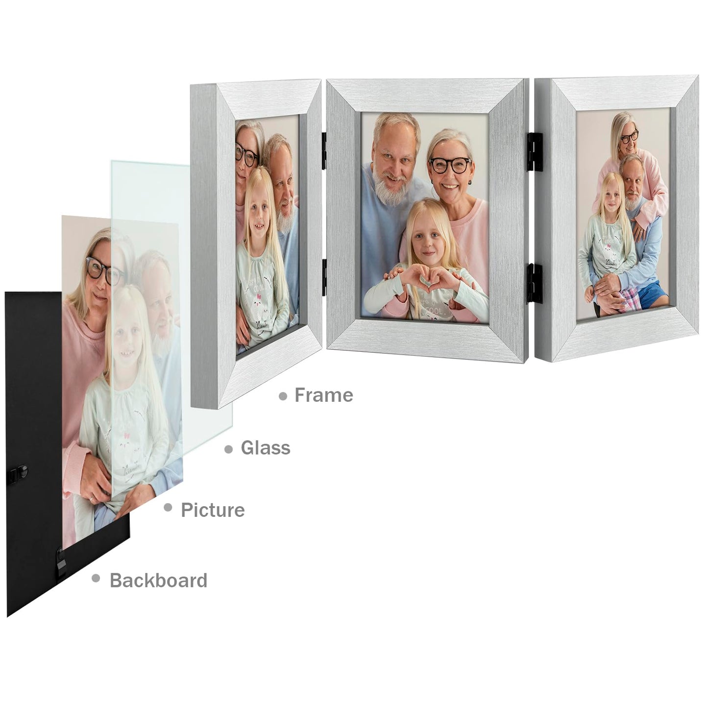 Frametory, 5x7 Triple Picture Frames 3 Photo Frames Collage - Real Glass - Engineered Wood Triple Folding Frame - Tabletop Vertical Display (Silver, 1 Pack)