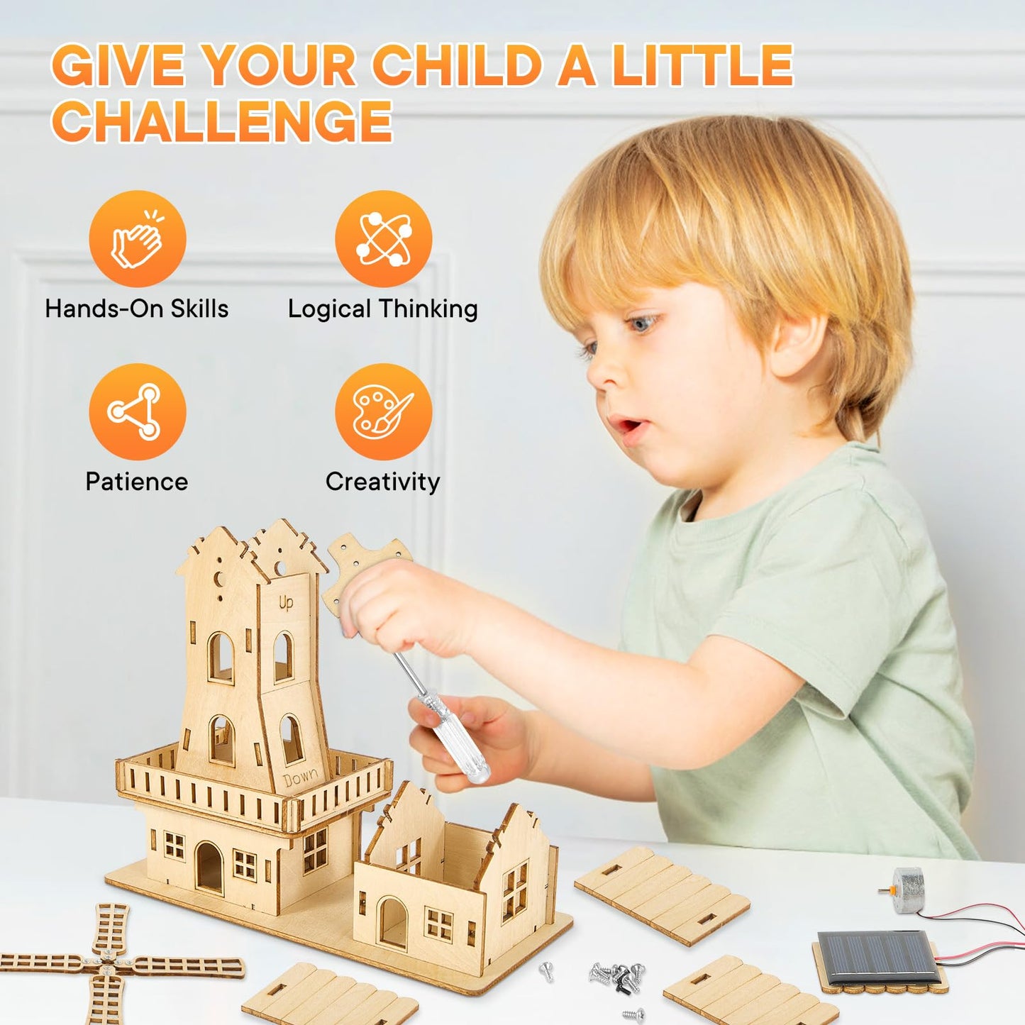 STEM Solar-Powered 3D Wooden Puzzle Kit - DIY Dutch Windmill House Building Toy | Educational Science Craft for Kids 8-15 & Adults | Hands-On Creative Model Project | Adopt Basswood-Safe&Sturdy