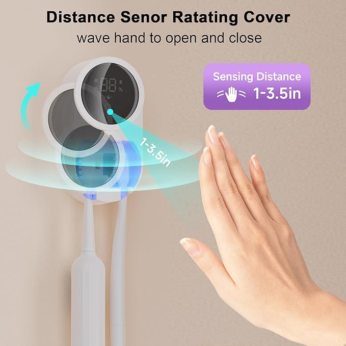 Toothbrush Holder and Cleaner Razor Holder/Dryer Light Cleaning and Air Drying Automatic Ratating Cover Rechargeable Wall Mounted for Bathroom Portable for Trip