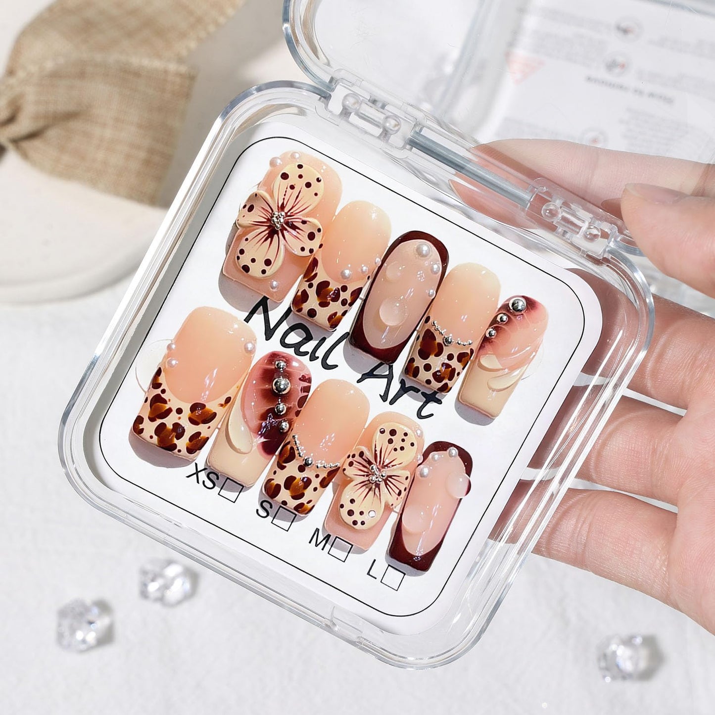 10 Pcs Handmade Press on Nails Medium Square Fake Nails with Brown Leopard Print French Tip Design 3D Flower False Nails Acrylic Nude Press Ons Nails Square M Size for Women Fall Manicure