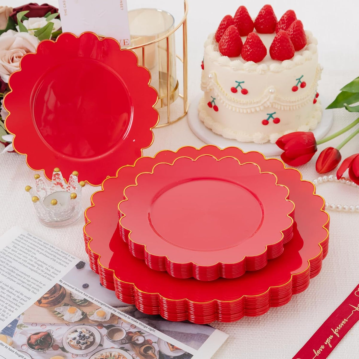 Supernal 100pcs Red Plastic Plates,Fancy Disposable Plates Heavy Duty,Red and Gold Party Supplies Including 10.25’’ Dinner & 7.5’’ Dessert Plastic Plate,Elegant Disposable Plate Suit for Party,Wedding