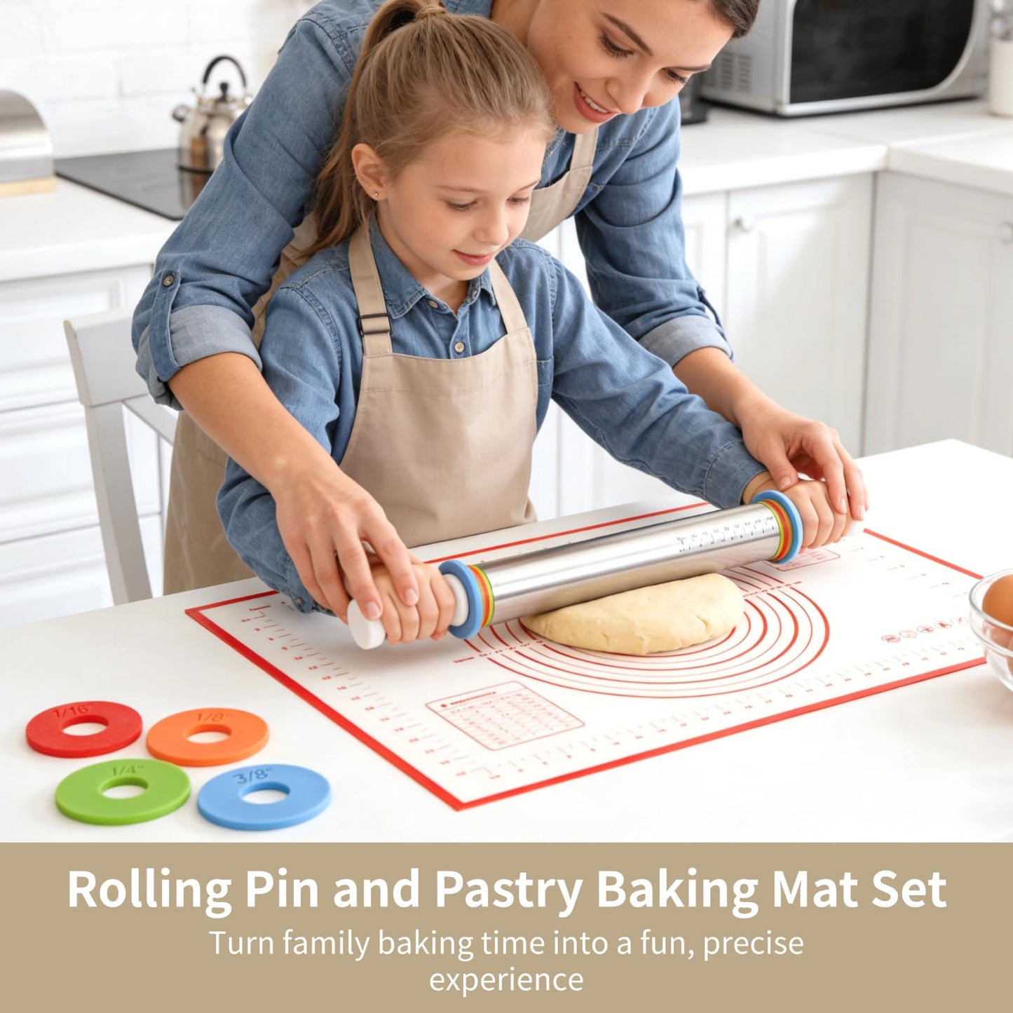 Rolling Pin and Pastry Baking Mat Set, Stainless Steel Dough Roller with Adjustable Thickness Rings & Clear Scale Markings, Ideal for Home Kitchen Baking Fondant, Pizza, Pie, Pastry, Pasta, Cookies