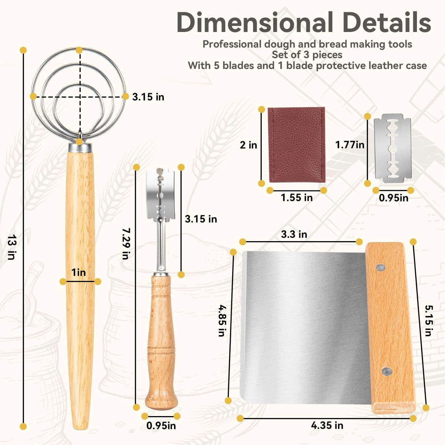 Danish Dough Whisk - Bread Whisk Set of 3 pieces, Bread Making Tools and Supplies, Danish Sourdough Whisks, Dutch Whisks for Dough, With Dough Scraper Sourdough Cutter, Lame Doughs Scoring Tool Blades