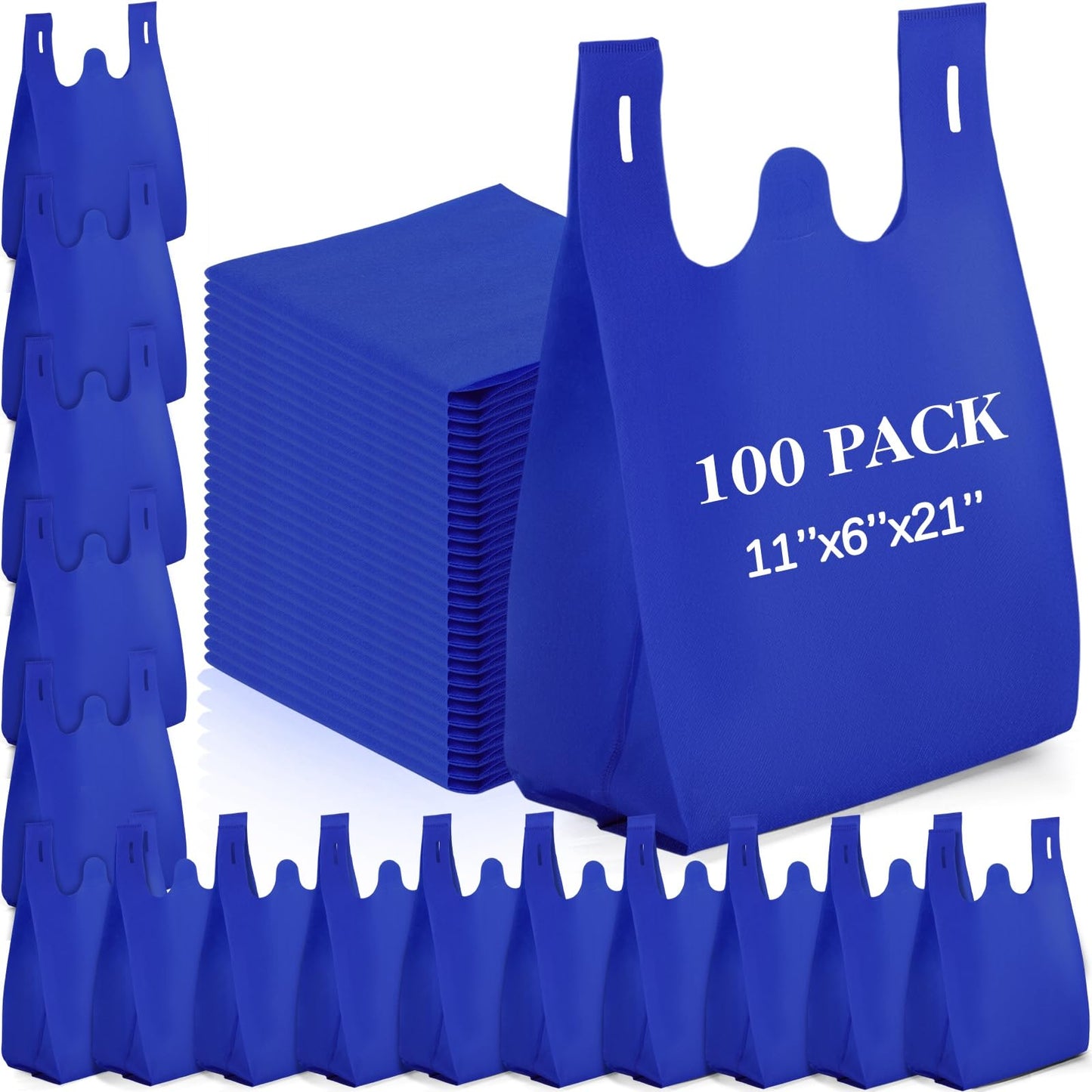 Windyun Large Grocery T-shirt Bags Bulk Reusable Non Woven Shopping Bag Foldable Gift Tote with Handle, 21x11x6 Inch(100 Pcs,Navy Blue)