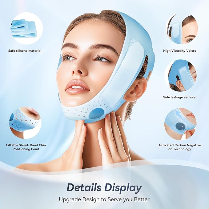 Chin Strap for Sleeping, Soft Silicone V-Line Lifting Mask, Reusable Face Lift for Women Men Anti Snoring Devices for Sleep Home Working Travel Yoga (Sky Blue)