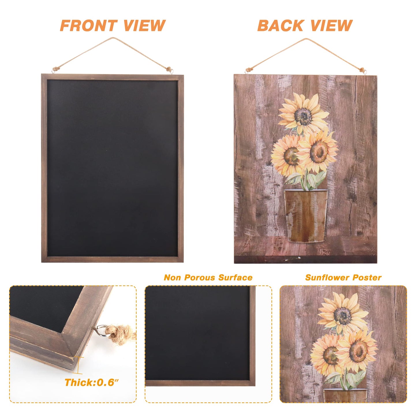 SELEAD 2-Pack Solid Wood Frame Chalkboard Signs with Dustless Chalk - 12"x16" Small Wall Hanging Chalk Board, Double-sided Message Menu Board + Rustic Sunflower Art Decor for Business, Home, Farmhouse