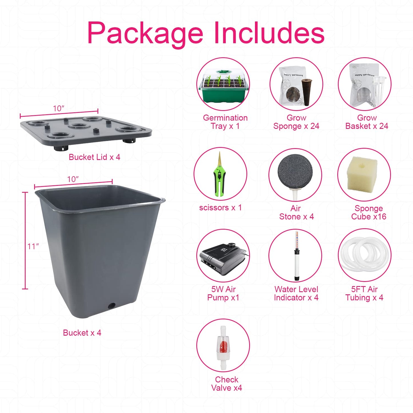 Lawnful 4 Hydroponic Buckets Kit for Plants, Hydroponics Growing System for Herbs/Tomato/Vegetables, DWC System with Air Pump & Germination Tray (Complete Indoor Hydroponic Gardening Supplies)