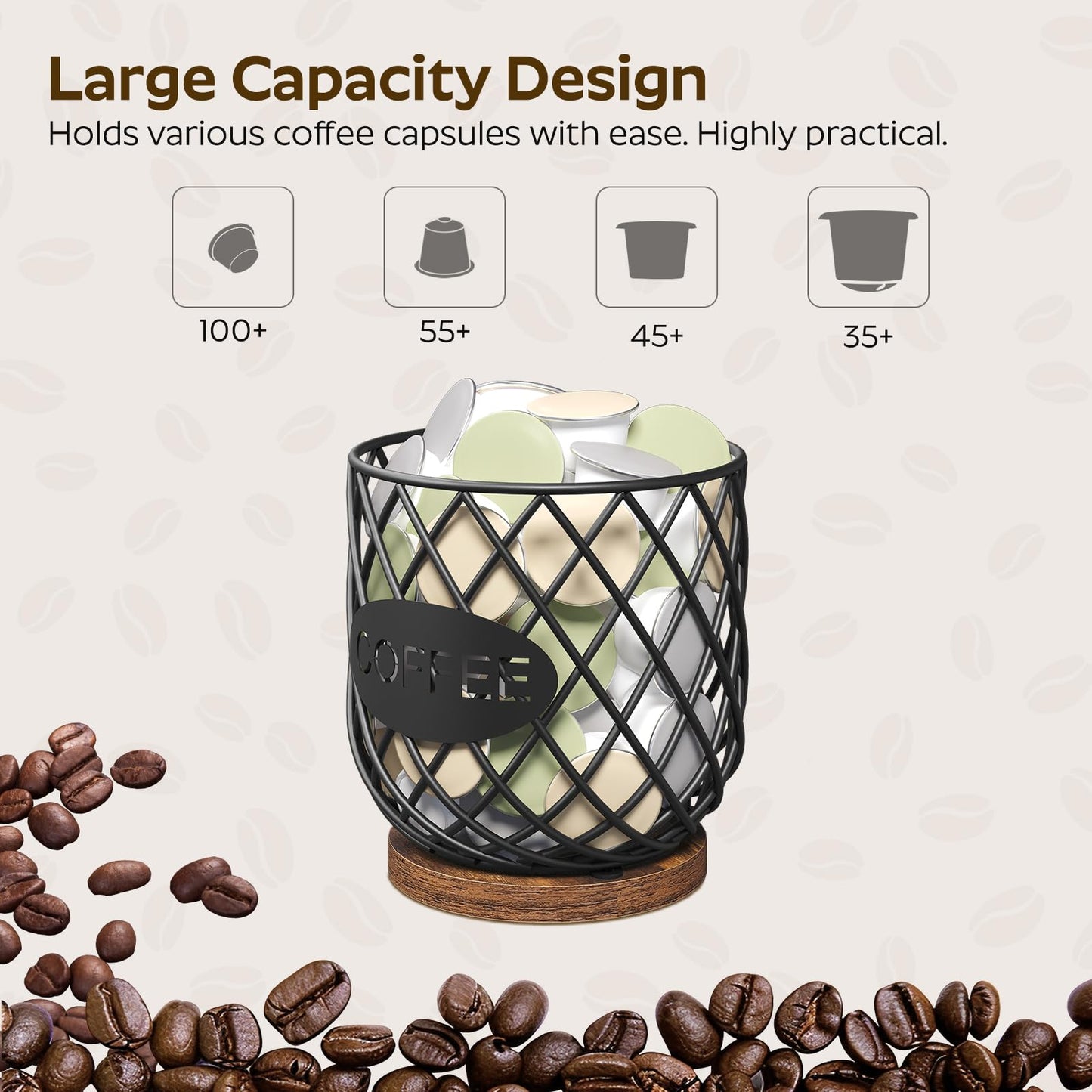 YATINEY Coffee Pod Holder Organizer, Holder for K Cup, Large Capacity Coffee Pod Basket, Versatile Coffee Capsule Storage Organizer, for Kitchen Countertop, Rustic Brown KH09BR