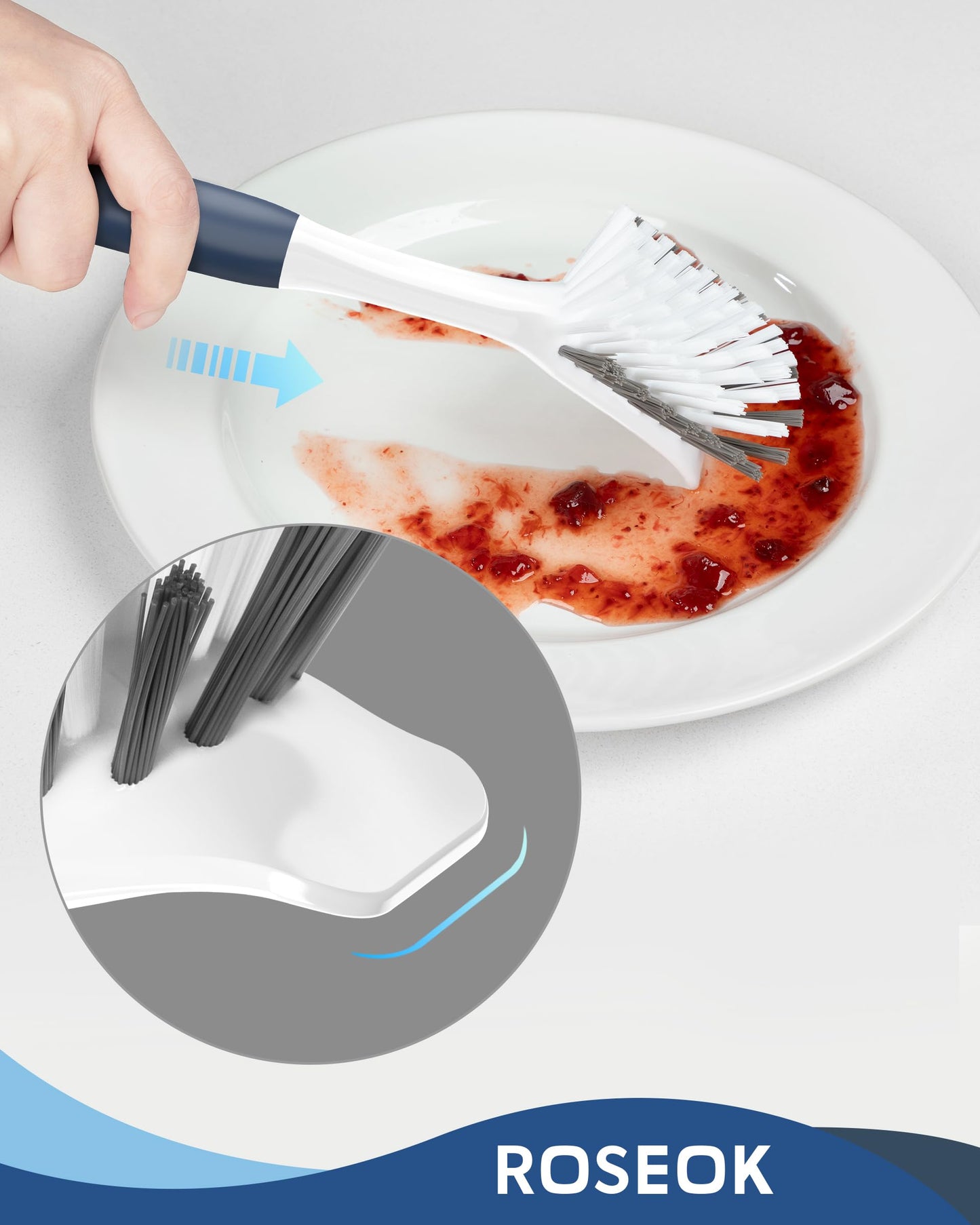 ROSEOK Dish Brush with Built-in Scraper,Kitchen Scrub Brush for Cleaning Dishes,Pots,Non-Stick Pans and Sinks,Navy Blue,2 Pack