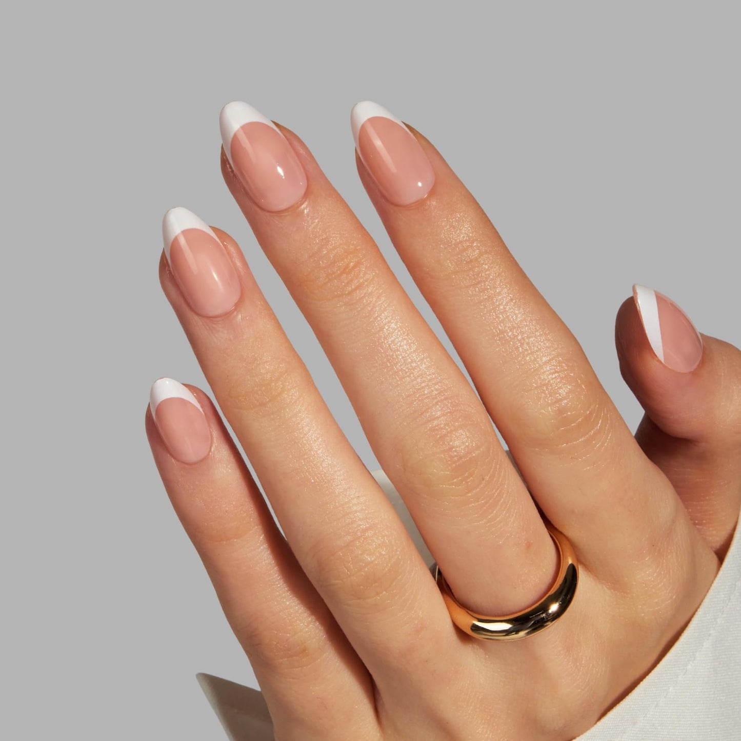 LAMIMOSA 32Pcs French Tip Press on Nails Short Almond - Soft Gel Fake Nails in 16 Sizes, Reusable Semi-Transparent Glue on Nails Kit, BONJOUR!