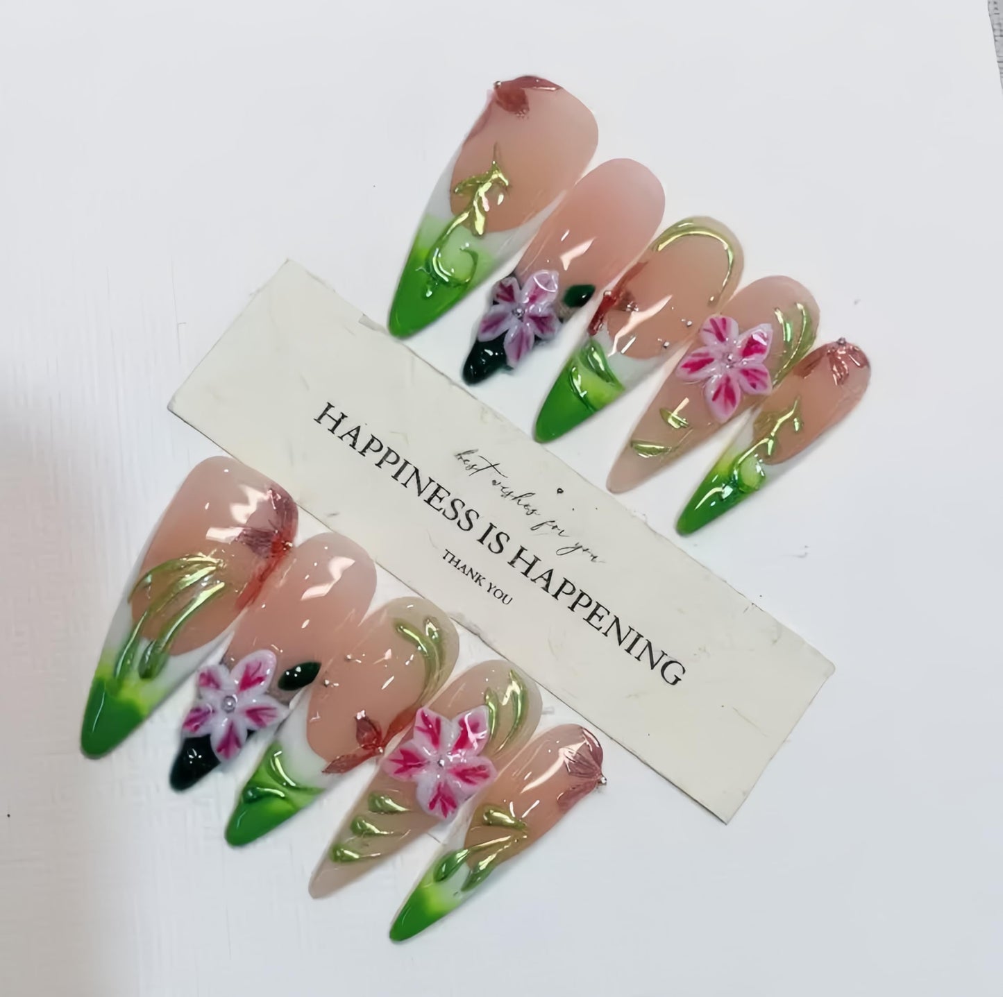 Handmade Press on Nails Long Stiletto False Nails French Tip Fake Nails with 3D Flower Designs Sparkly Green luxury Artificial Nails Reusable for Women 10pcs (Size M）