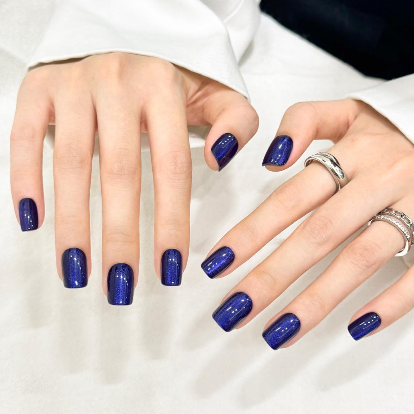 Navy Blue Cat Eyes Press On Nails,12 Sizes - 24 Pcs Soft Gel Blue Short Squoval Fake Nails Kit with Nail Glue, Natural Reusable Stick On False Nails for Women and Girls SK1061