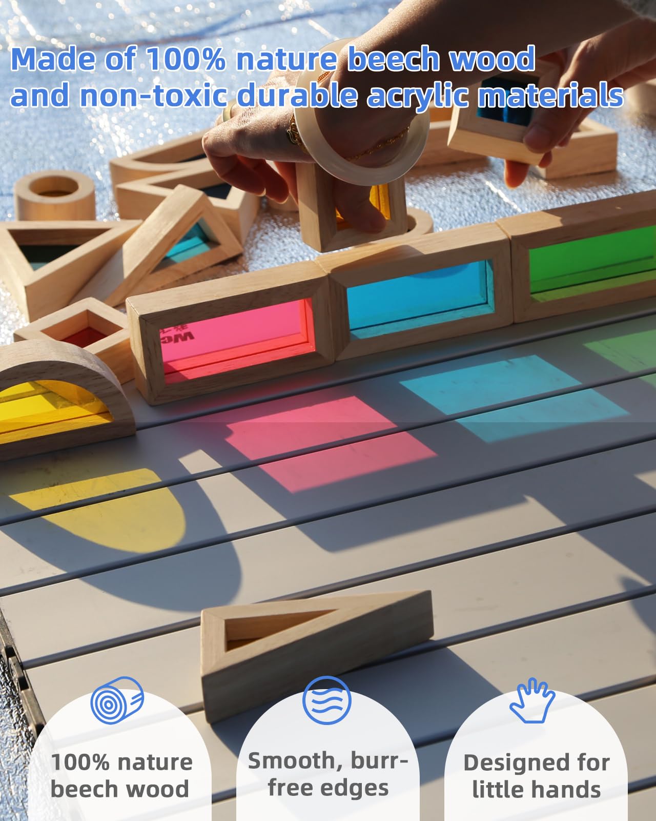 JOLKID Wooden Building Blocks with Rainbow Acrylic Windows - 24pc Classic Montessori Stacking Set - Screen-Free Educational STEM Construction Toys for Toddlers Ages 18M+