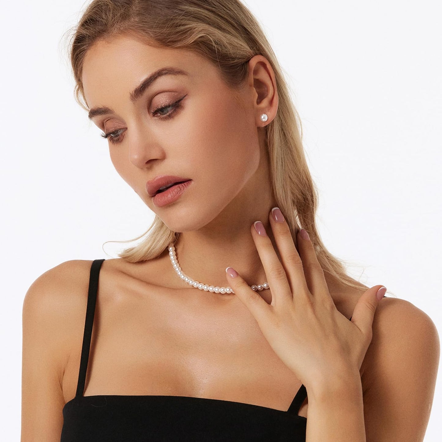 Zeffy Pearl Necklace and Earring Set for Women, 2PCS White Round Faux Pearl Necklace Earring Set, Jewelry for Brides