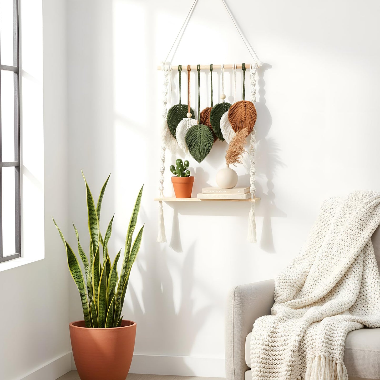 Fiwochic Single Tier Macrame Boho Wall Hanging Shelf Handmade Bohemian Wooden Woven Floating Storage Shelves Decor Photos Plants Display Shelving for Nursery Bathroom Bedroom Living Room