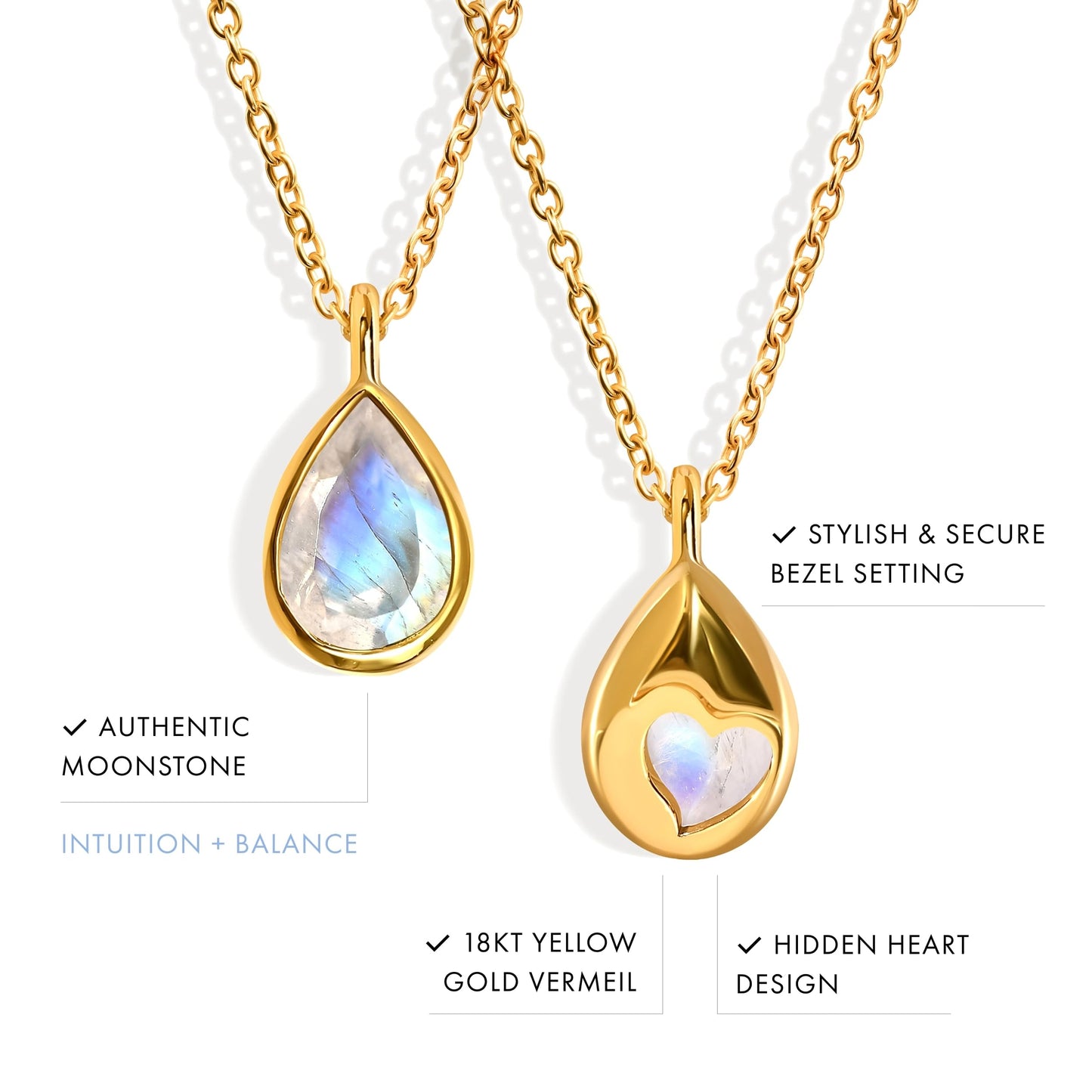Moon Magic Moonstone Necklace - Hidden Heart / 925 Sterling Silver - 18k Rose Yellow Gold Rainbow Moonstone Necklaces for Women/Authentic Crystal Jewelry