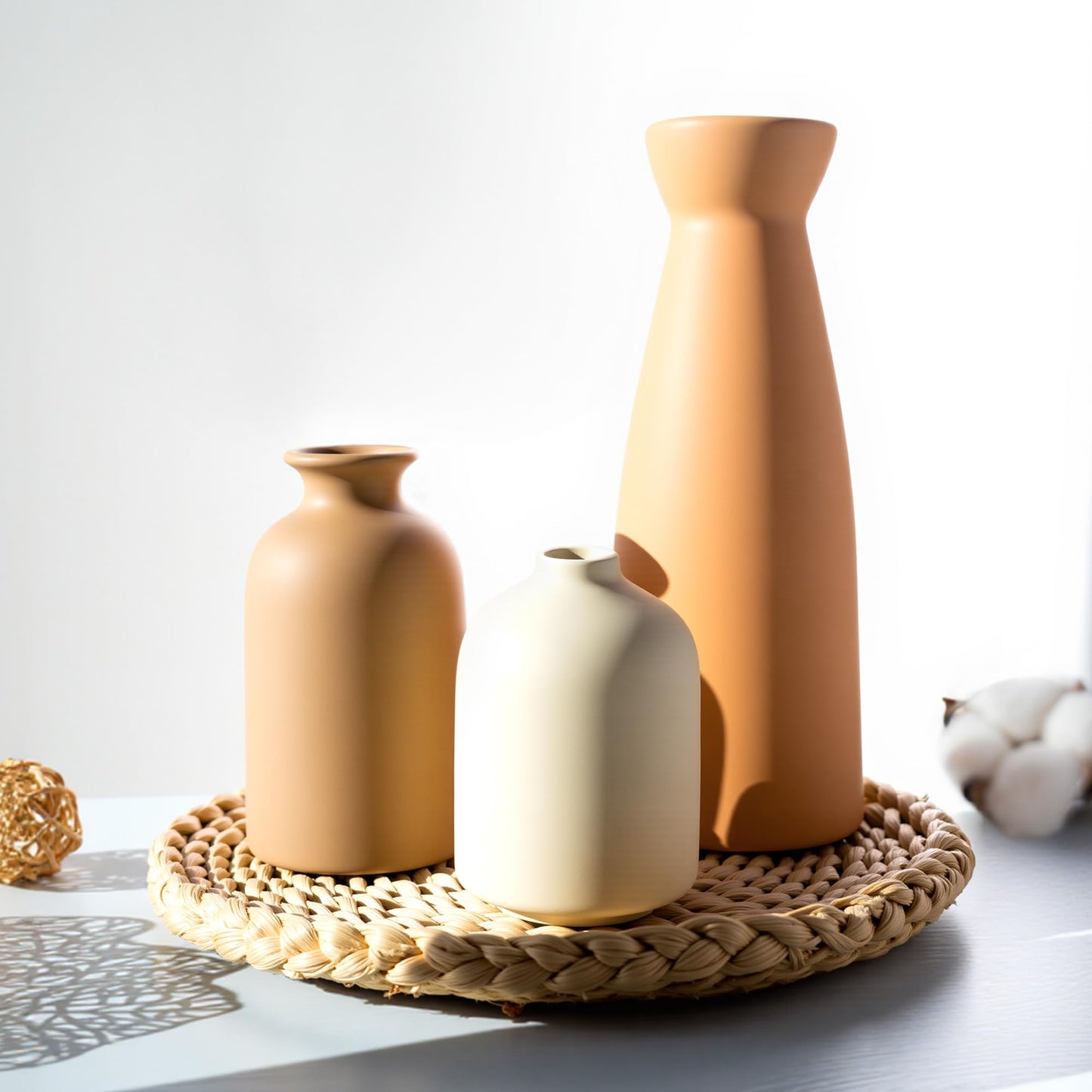 OUWEDW Ceramic Small Vase Set of 3,Modern Boho Farmhouse Home Decor,Pampas Grass Vase,Minimalist Decor,for Entryway Table,Bookshelf,Living Room, Bedroom,Kitchen,Coffee Table Decoration